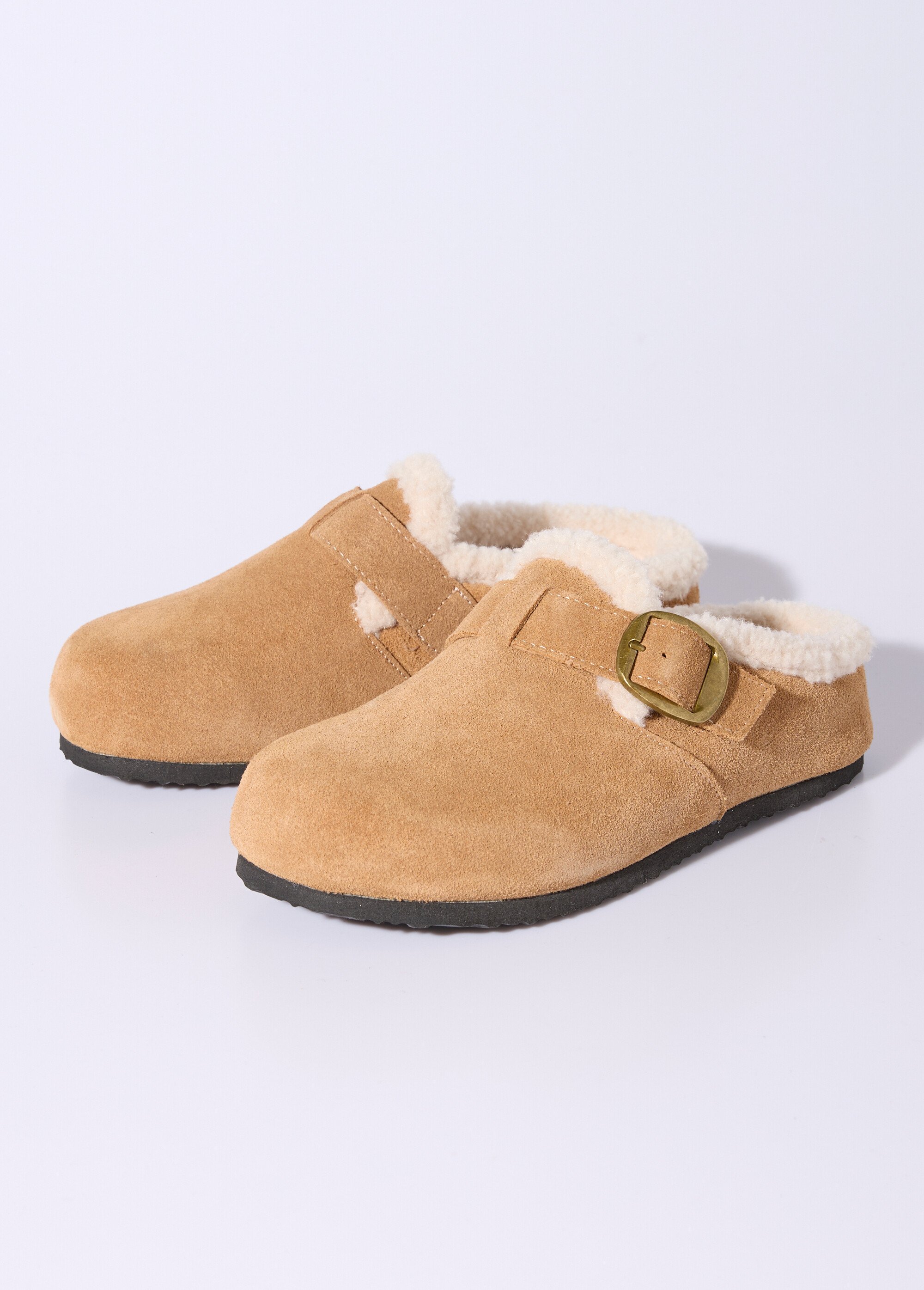 Sabots en cuir suédé, intérieur fourrure Femme Beige JPAL-1326 DE1