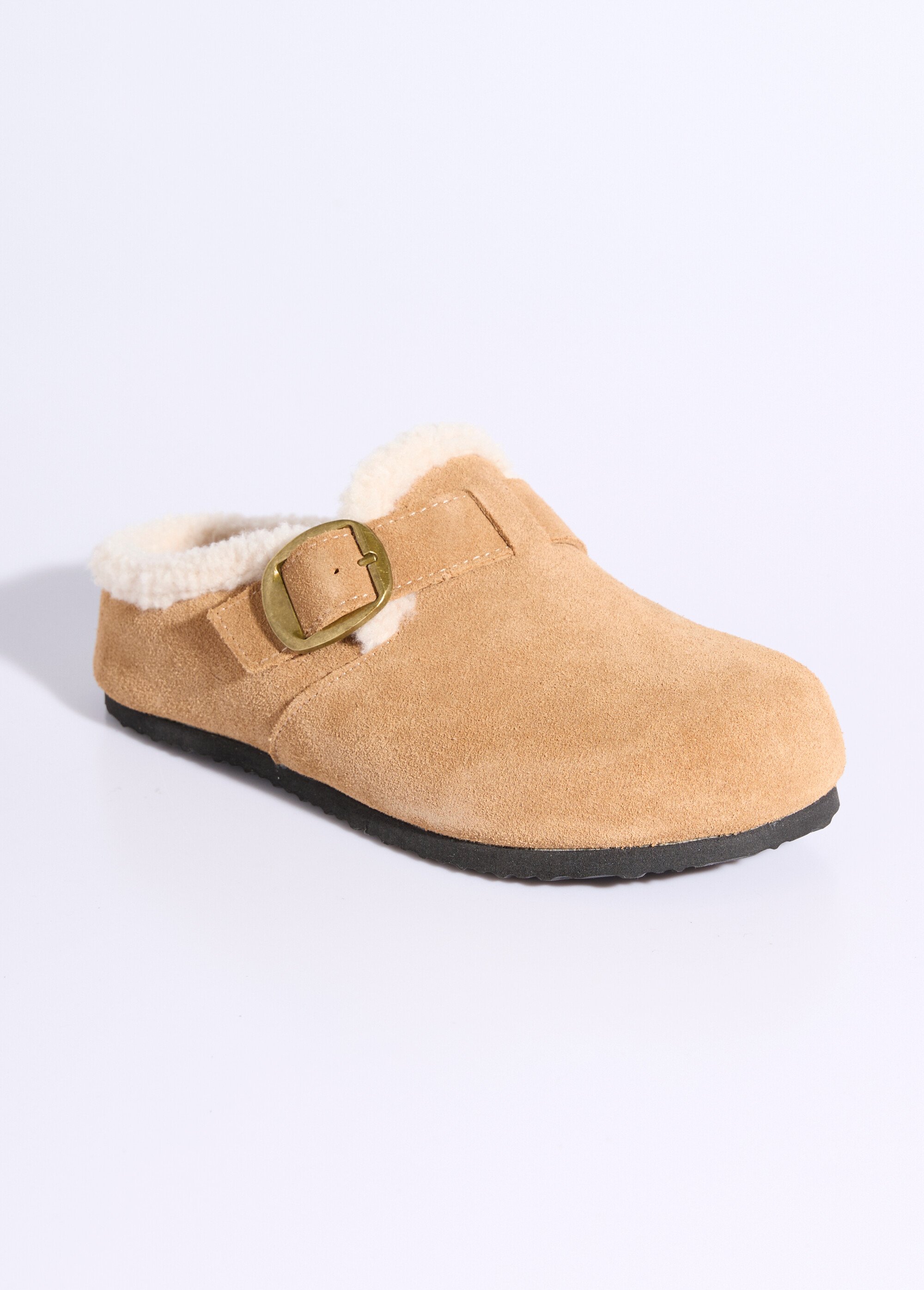 Sabots en cuir suédé, intérieur fourrure Femme Beige JPAL-1326 FA1