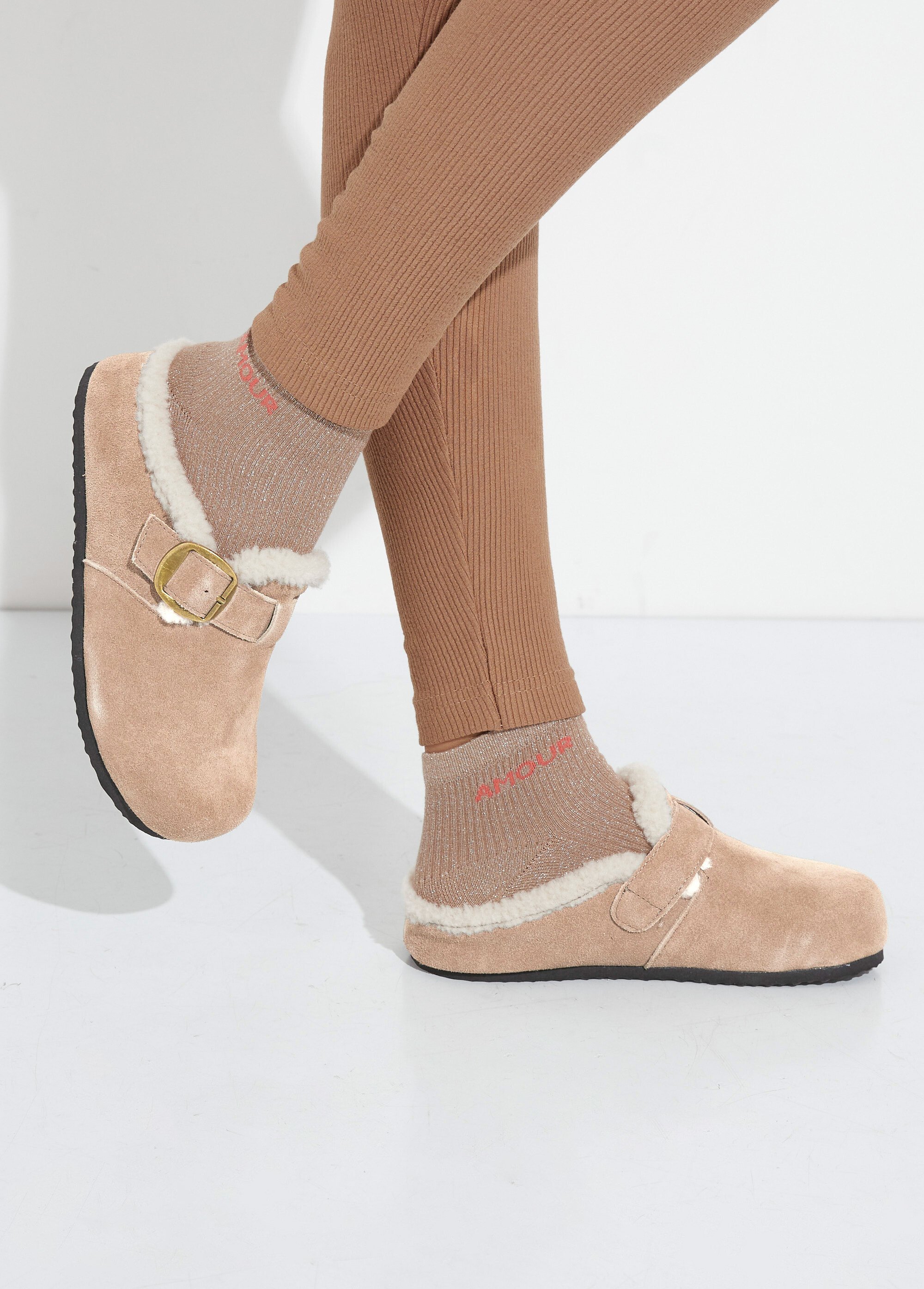 Sabots en cuir suédé, intérieur fourrure Femme Marron JPAL-1326 SF1