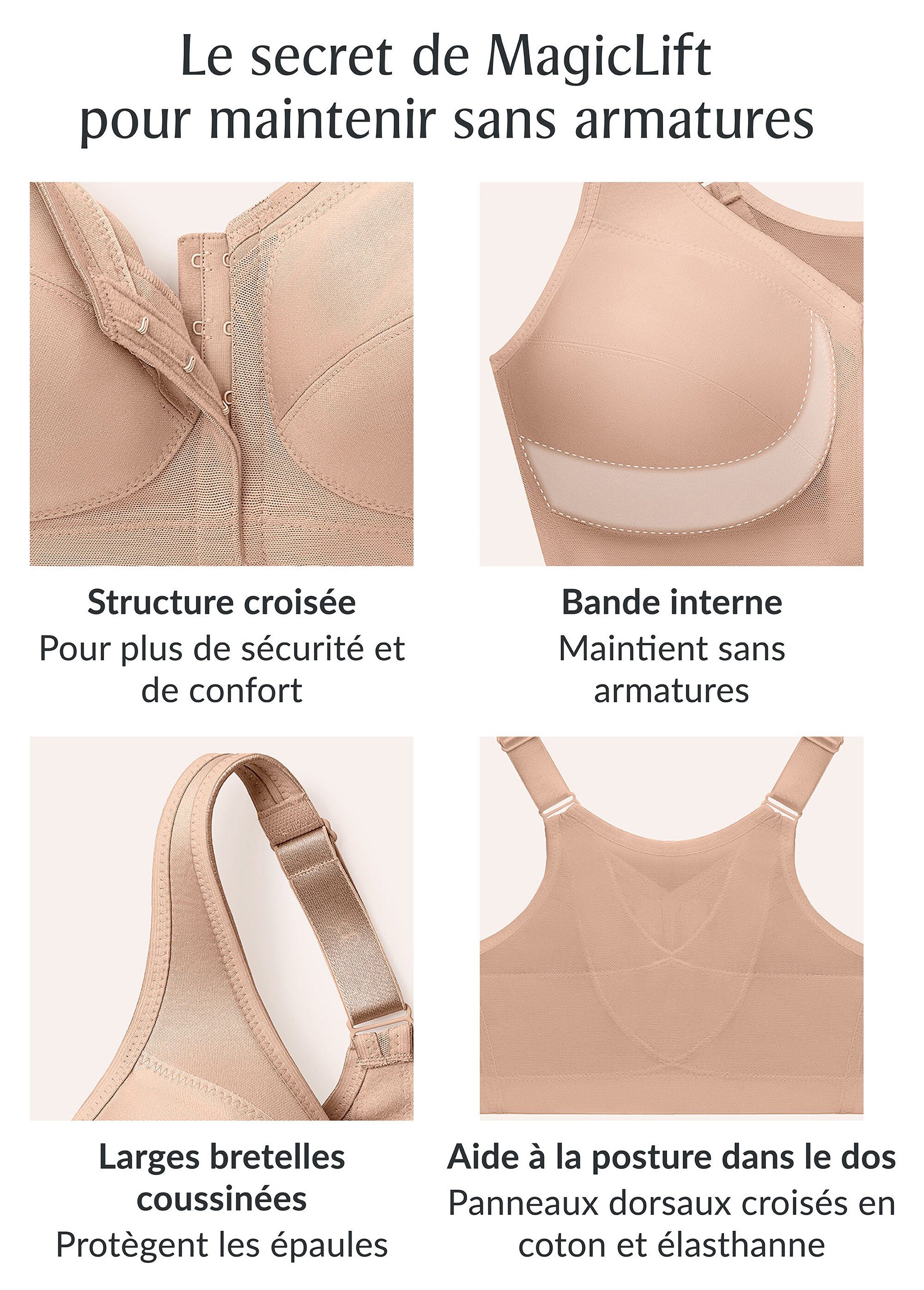 Soutien-gorge MagicLift Grandes Tailles Aide à la Posture, Fermeture Frontale, Sans Armatures n°1265 Femme Grande Taille Blanc 1265 DE1