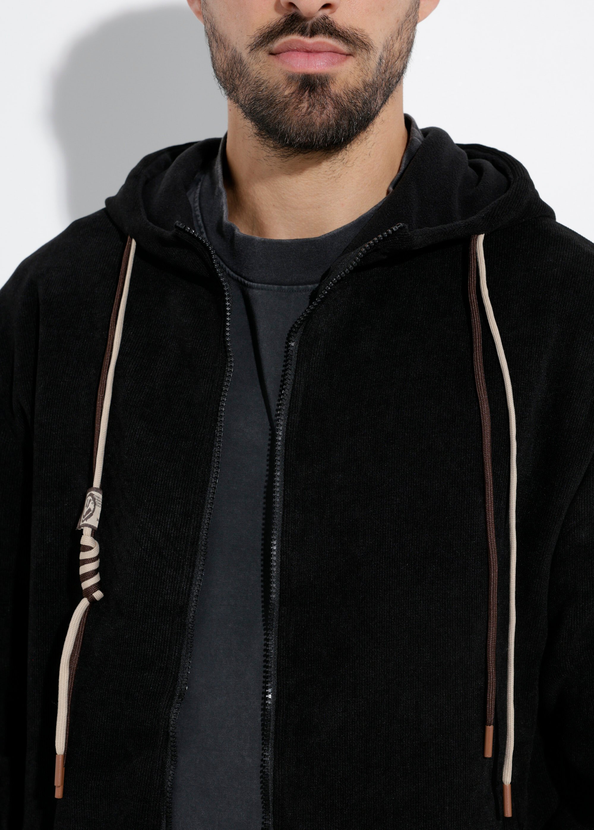 Blouson en velours milleraies à capuche Homme Noir DYL2570 DE1