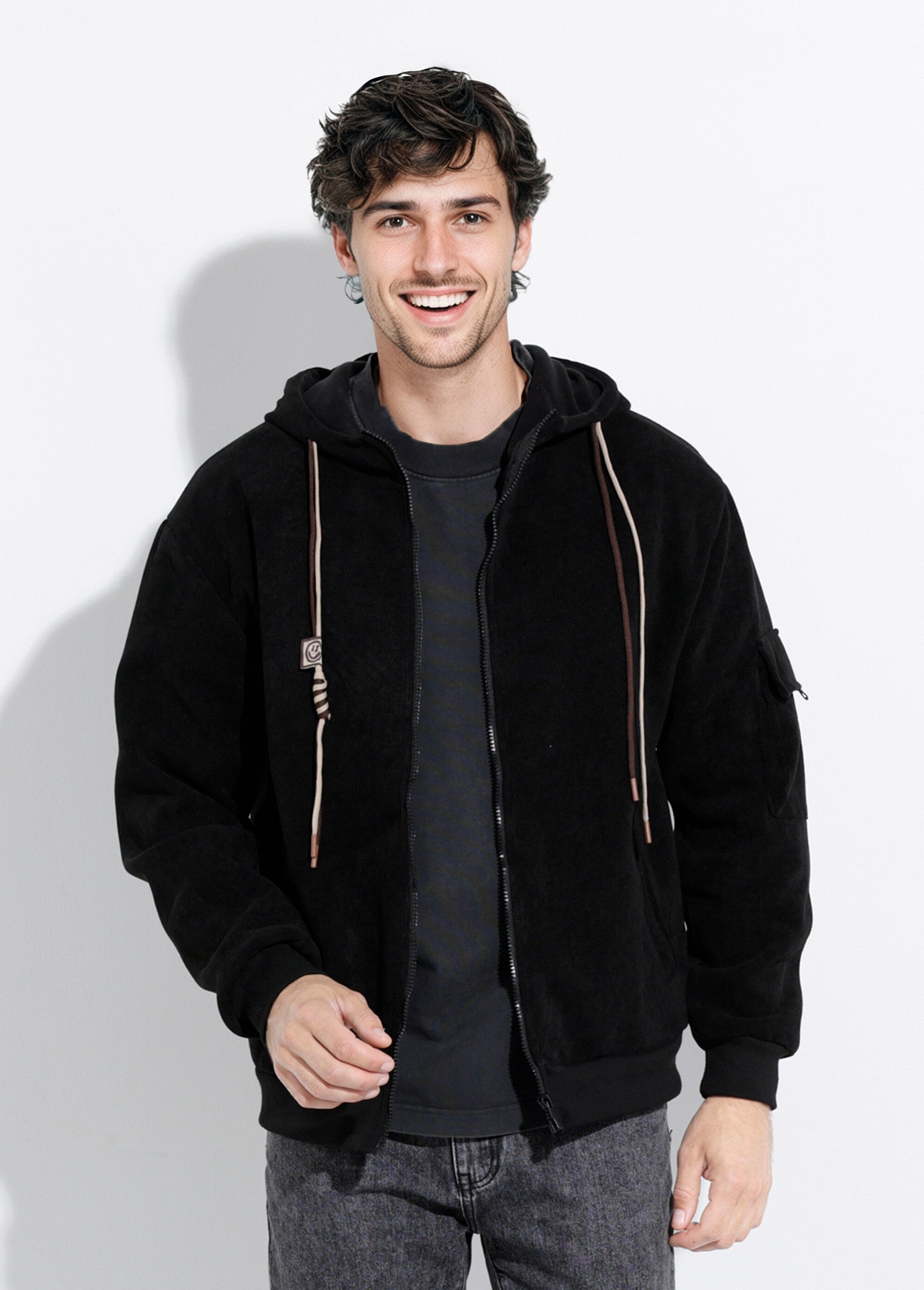 Blouson en velours milleraies à capuche Homme Noir DYL2570 FA1