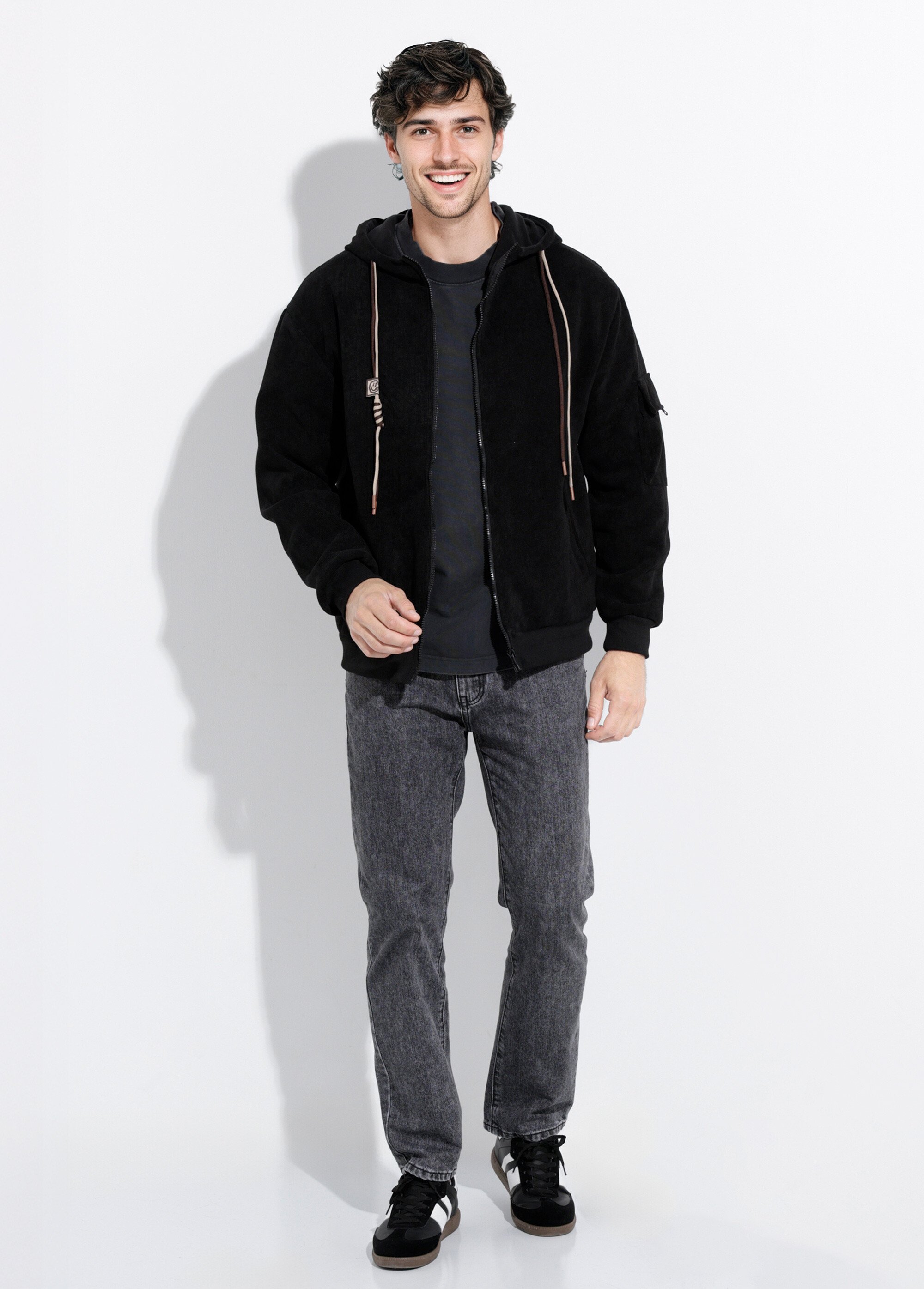 Blouson en velours milleraies à capuche Homme Noir DYL2570 SF1