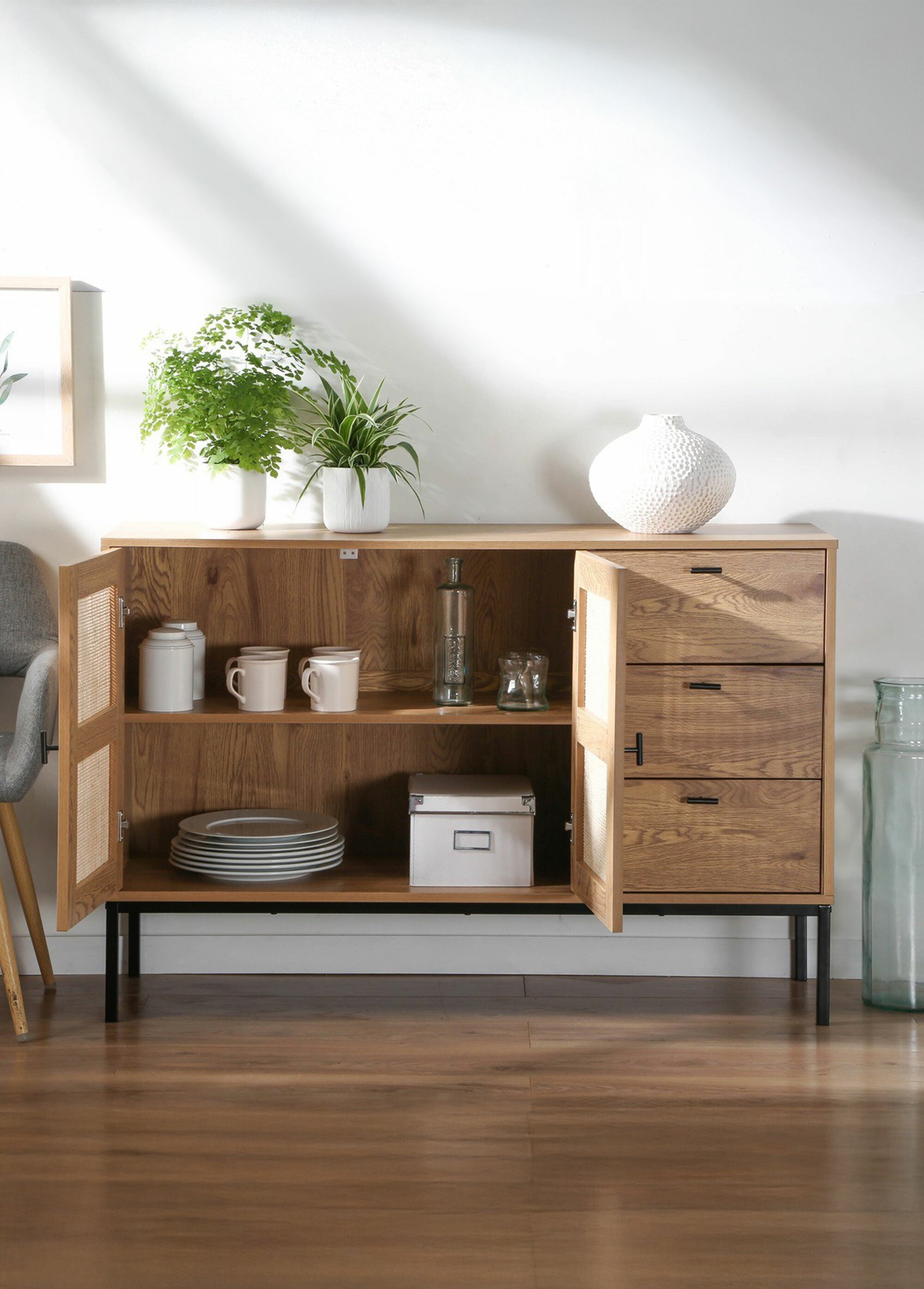 JAYA Buffet décor rotin, pieds métal BEIGE CAL-14500133 SI2