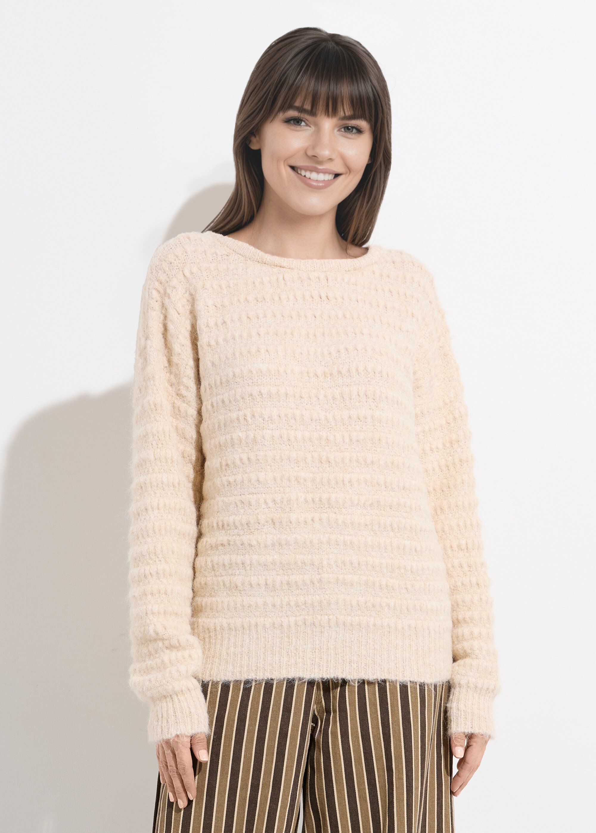 Pull chaud fantaisie en laine avec nœud Femme Beige JS-JP-7558 FA1
