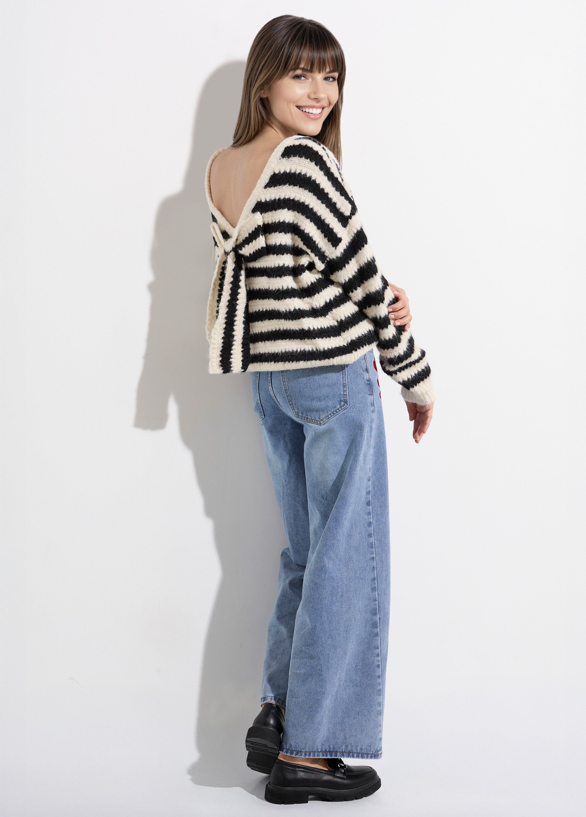 Pull chaud laine rayé et noeud fantaisie Femme Beige JS-JP-7559 SI1