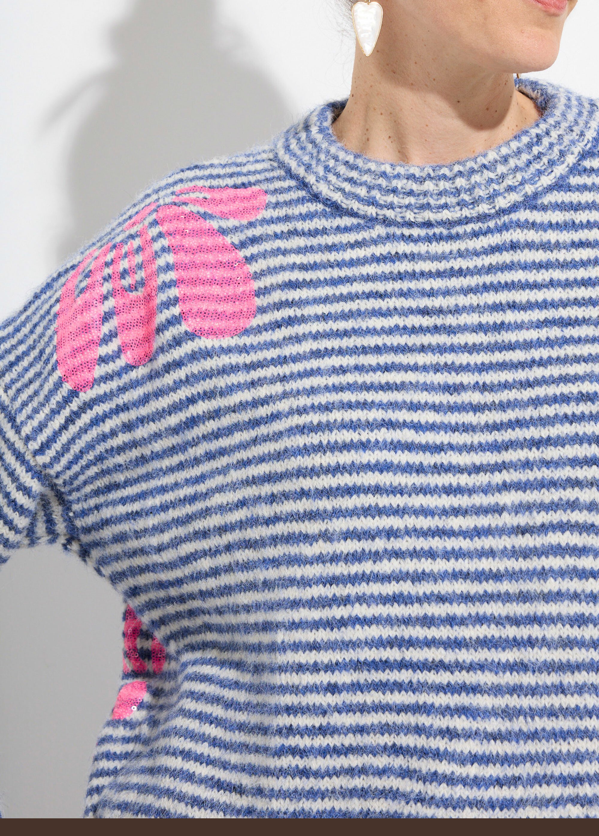 Pull chaud rayé avec laine, motifs fleur Femme Bleu JS-JP-7818 DE1