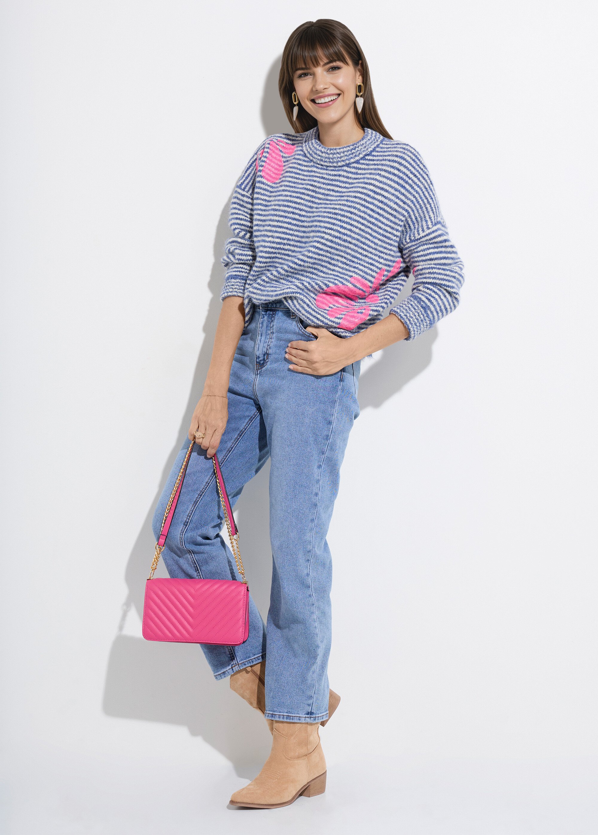 Pull chaud rayé avec laine, motifs fleur Femme Bleu JS-JP-7818 SI1