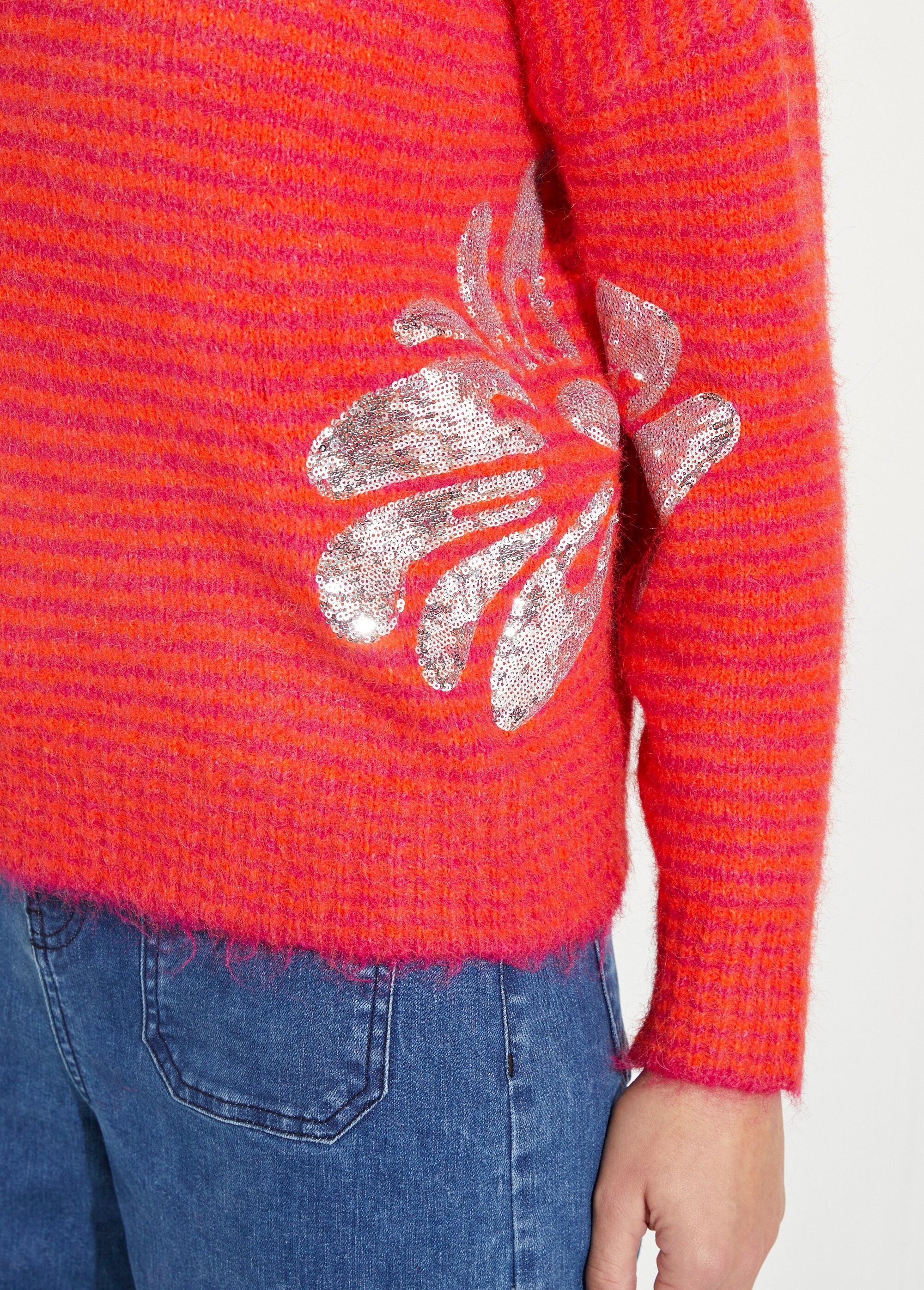 Pull chaud rayé avec laine, motifs fleur Femme Rose JS-JP-7818 DE2