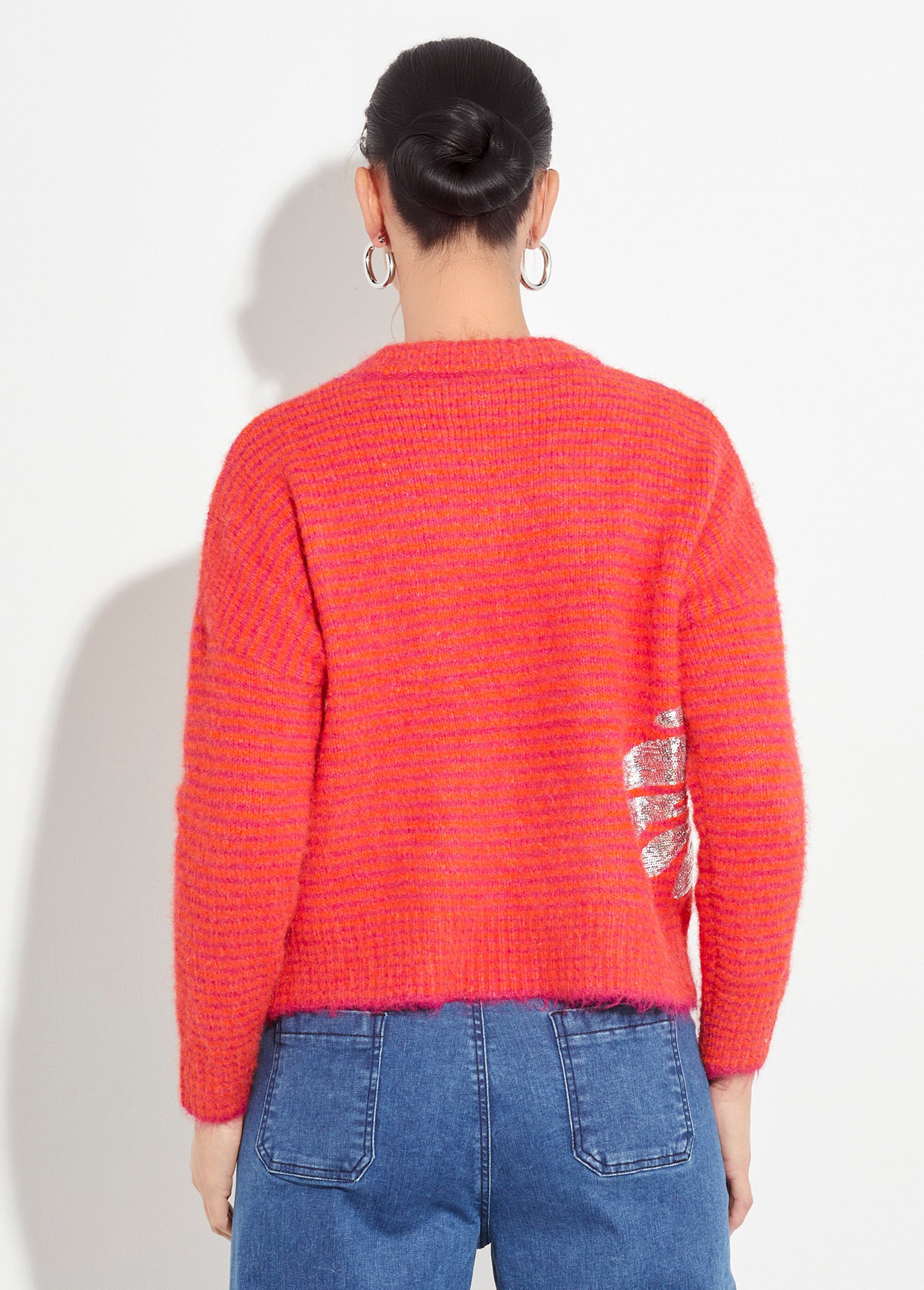 Pull chaud rayé avec laine, motifs fleur Femme Rose JS-JP-7818 DO1