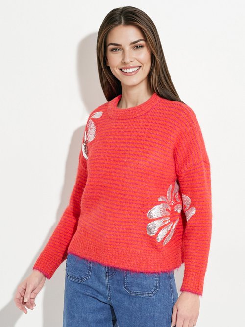 Pull chaud rayé avec laine, motifs fleur Femme Rose JS-JP-7818 FA1