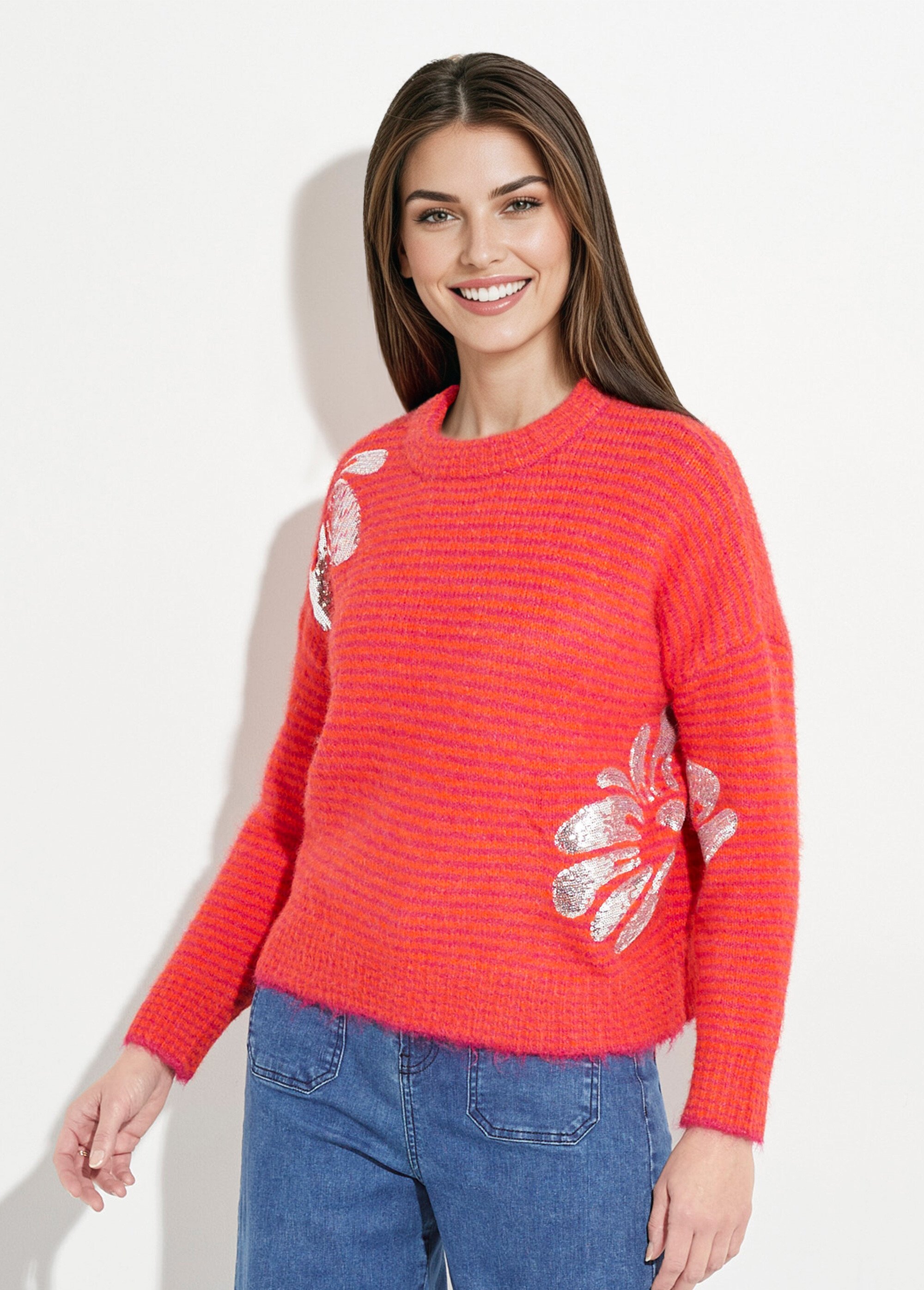 Pull chaud rayé avec laine, motifs fleur Femme Rose JS-JP-7818 FA1