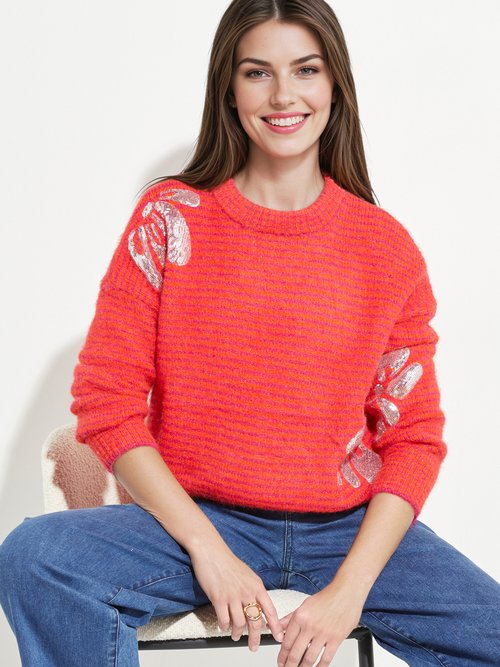 Pull chaud rayé avec laine, motifs fleur Femme Rose JS-JP-7818 MV1