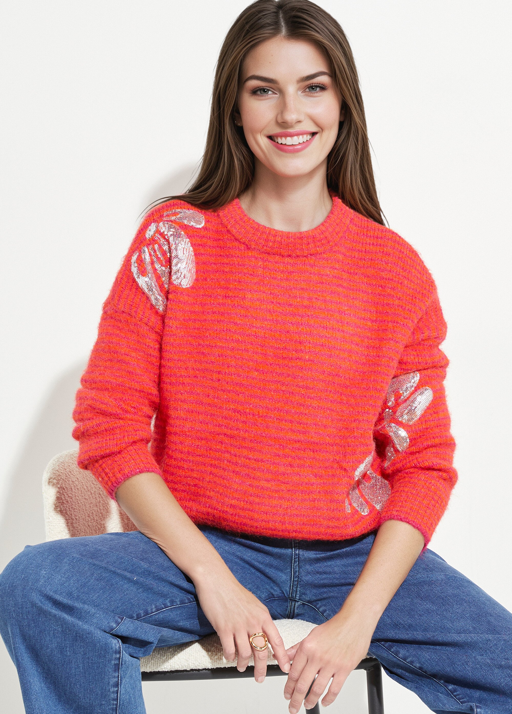 Pull chaud rayé avec laine, motifs fleur