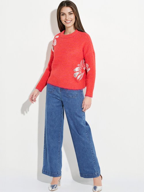 Pull chaud rayé avec laine, motifs fleur Femme Rose JS-JP-7818 SF1