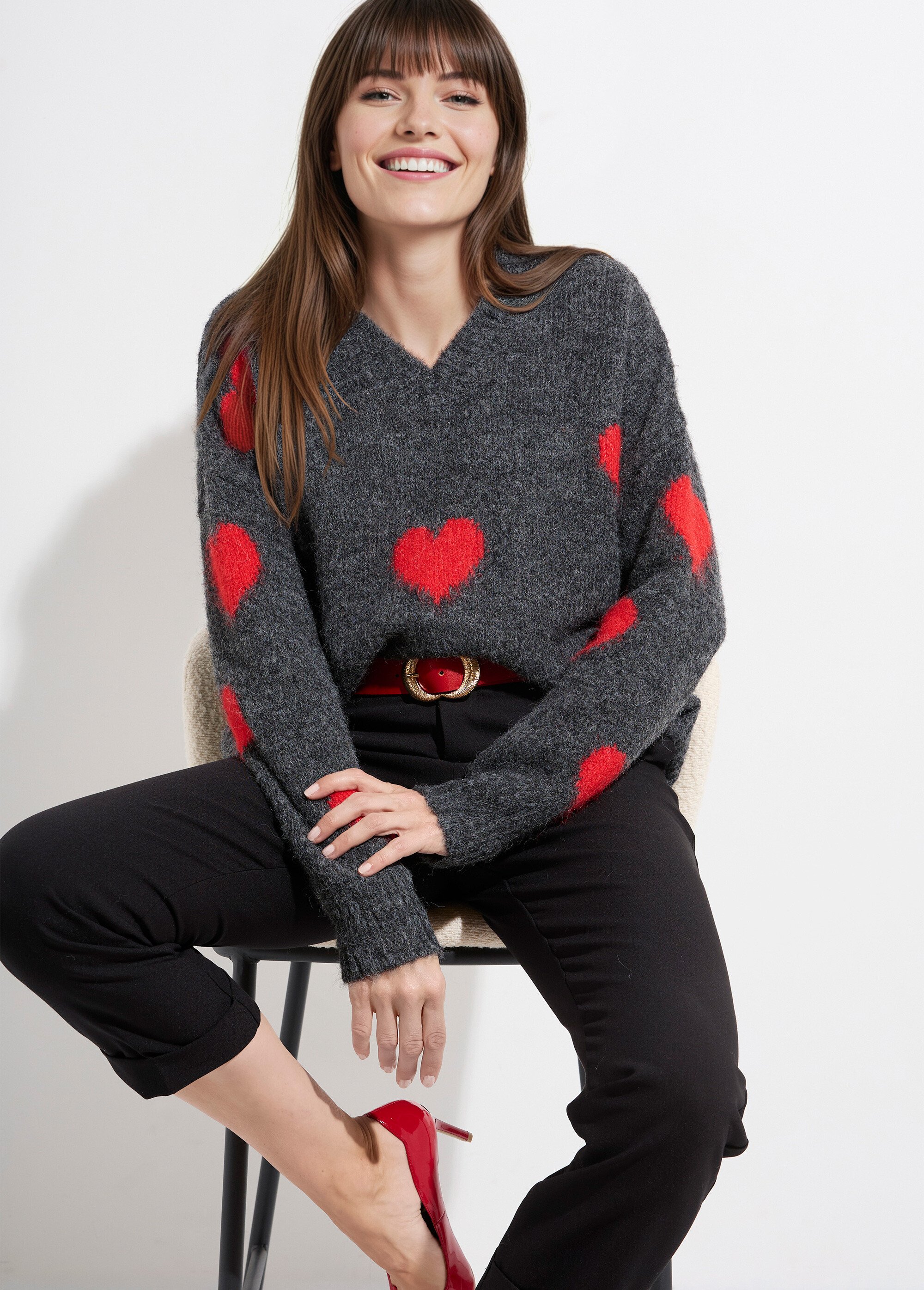 Pull col V chaud en laine avec coeurs Femme Gris JS-JP-7725 MV1