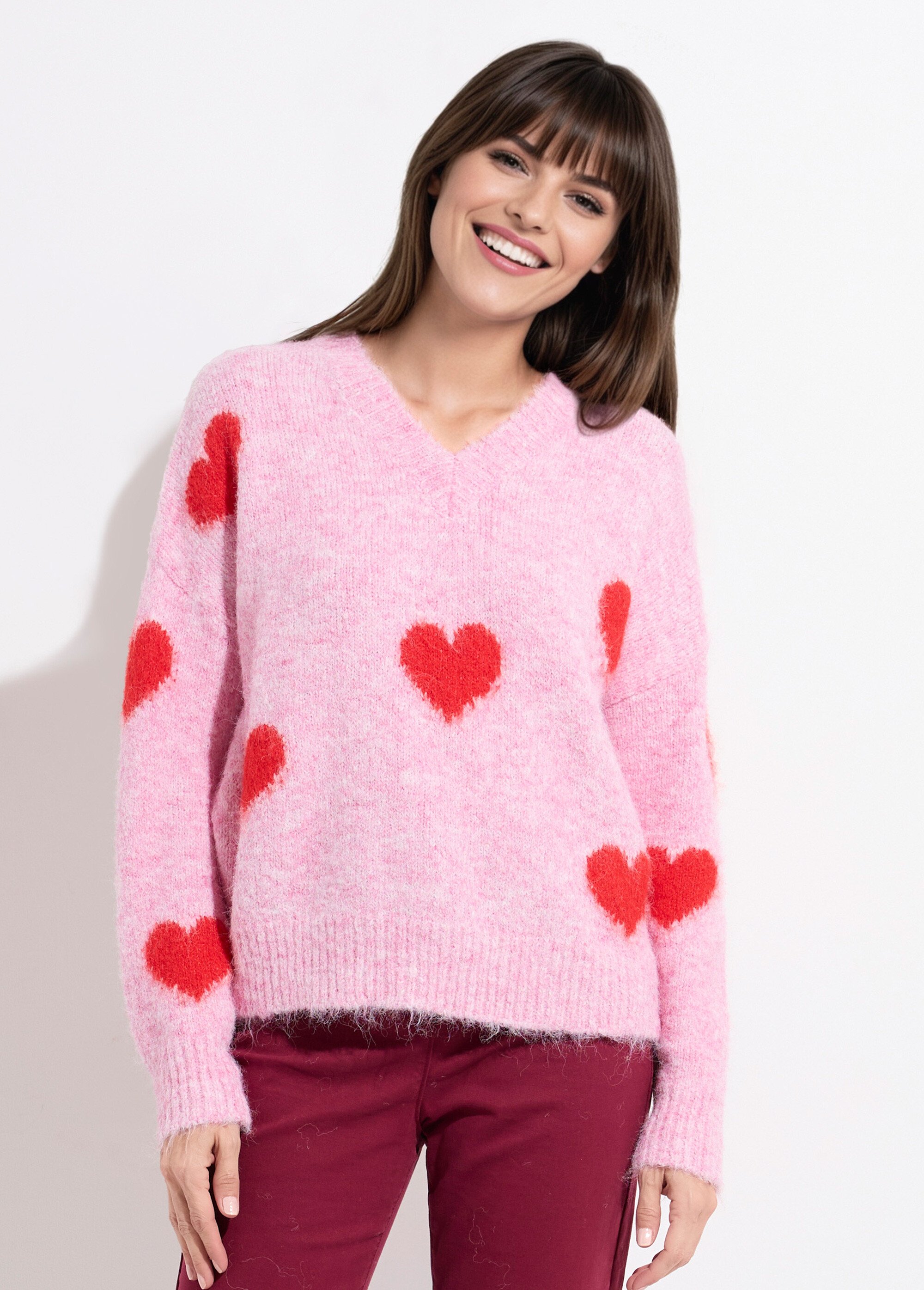 Pull col V chaud en laine avec coeurs Femme Rose JS-JP-7725 FA1