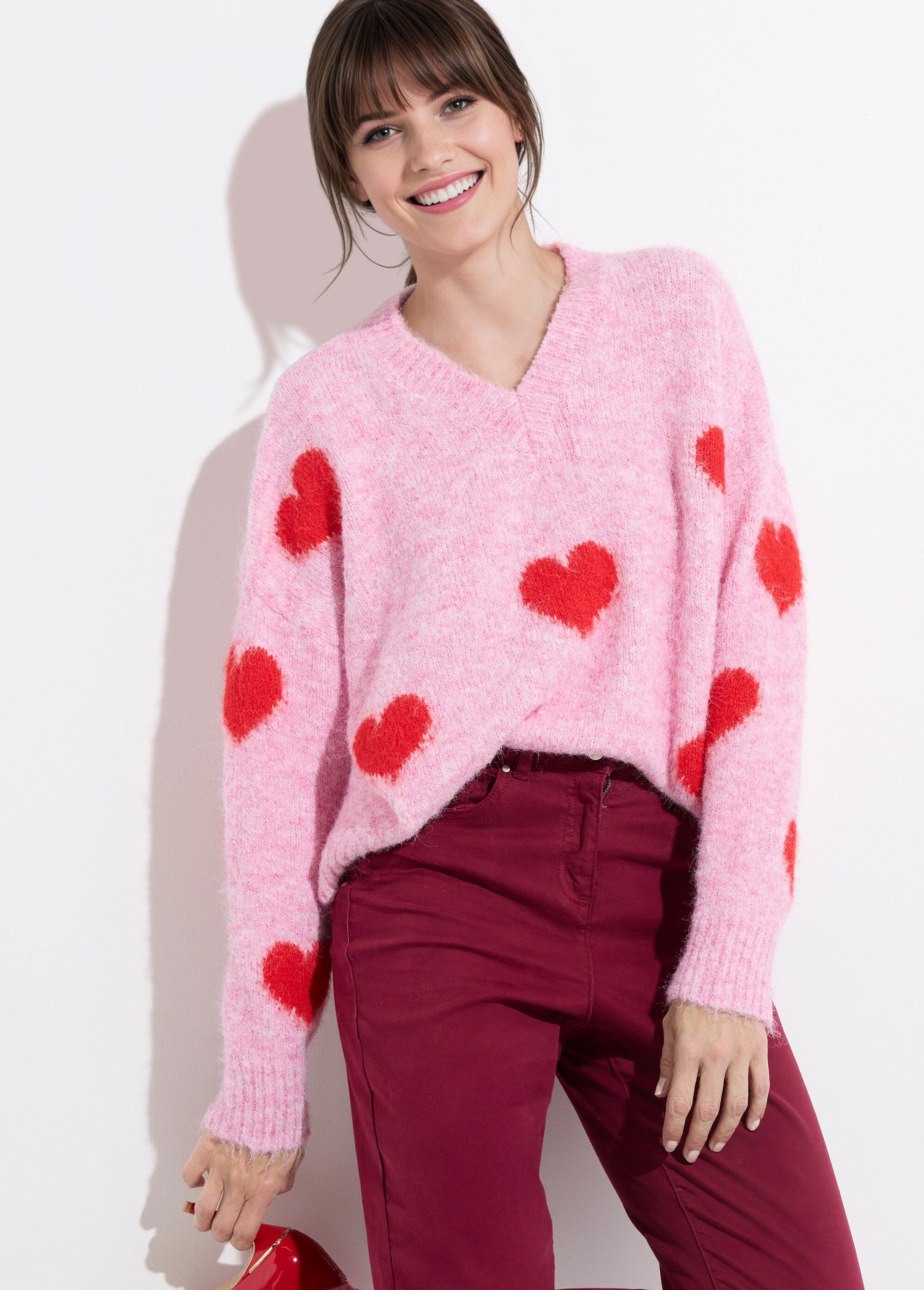 Pull col V chaud en laine avec coeurs Femme Rose JS-JP-7725 MV1