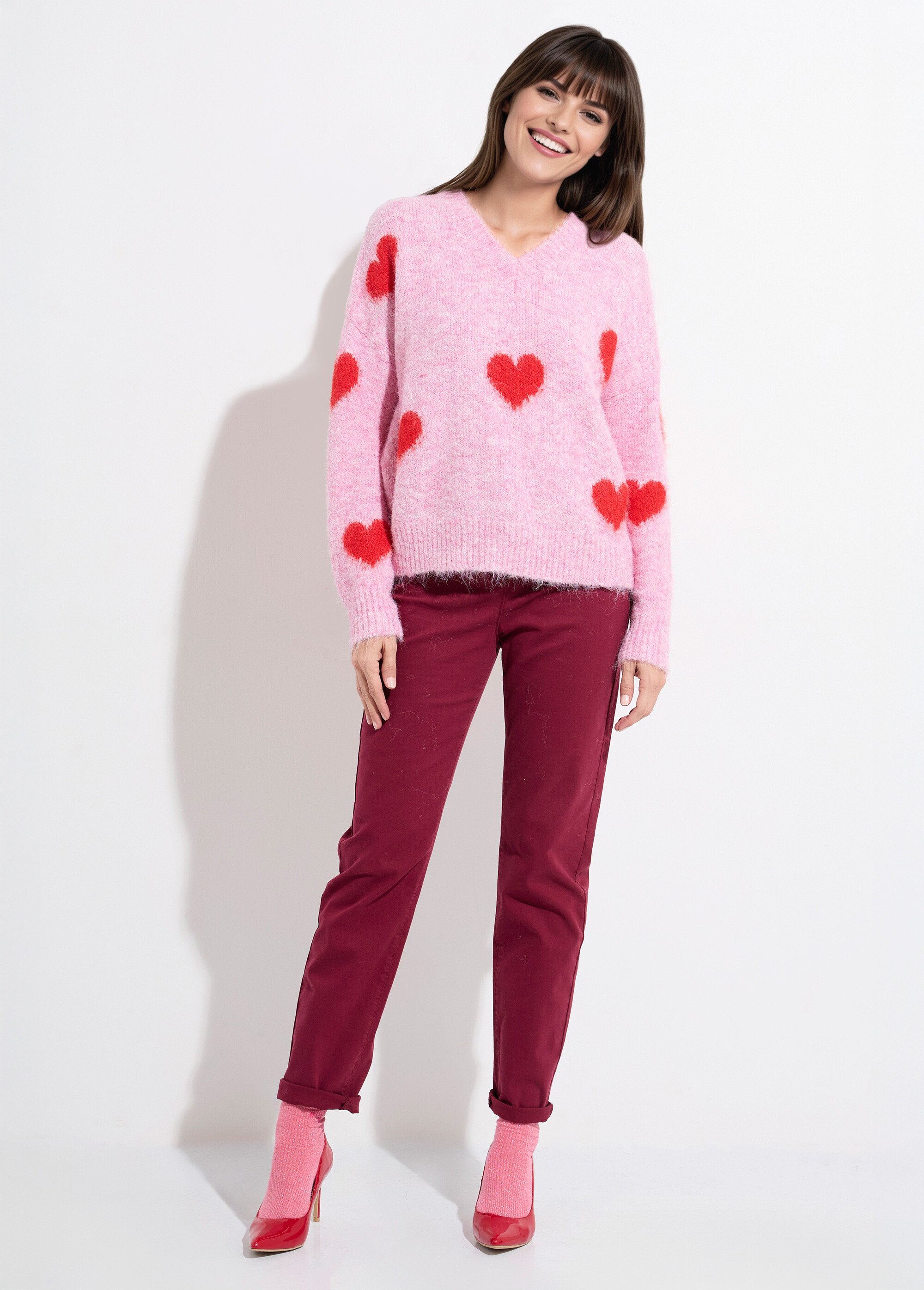 Pull col V chaud en laine avec coeurs Femme Rose JS-JP-7725 SF1