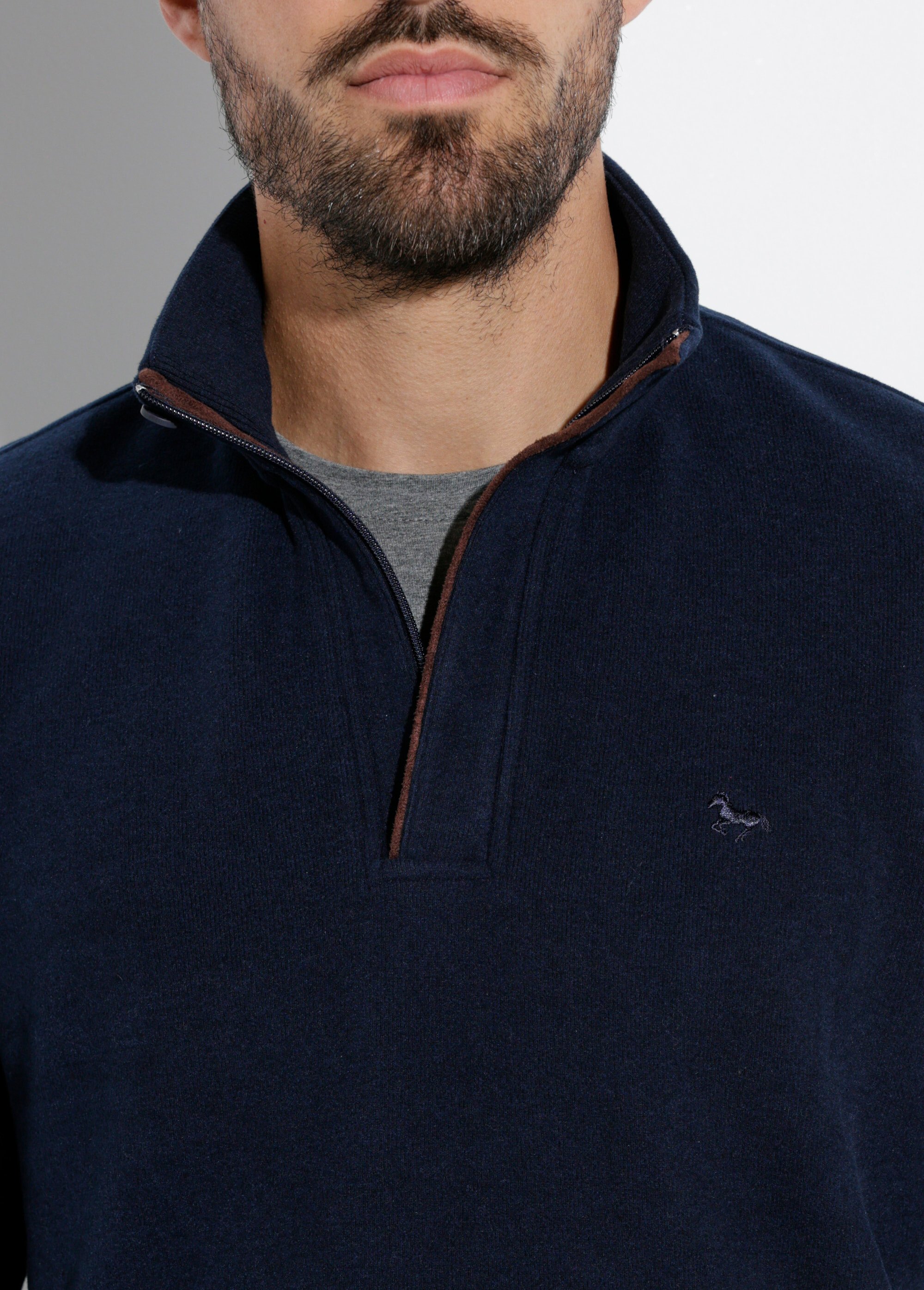 Pull épais jersey de coton, col zippé Homme Bleu STI22931 DE1