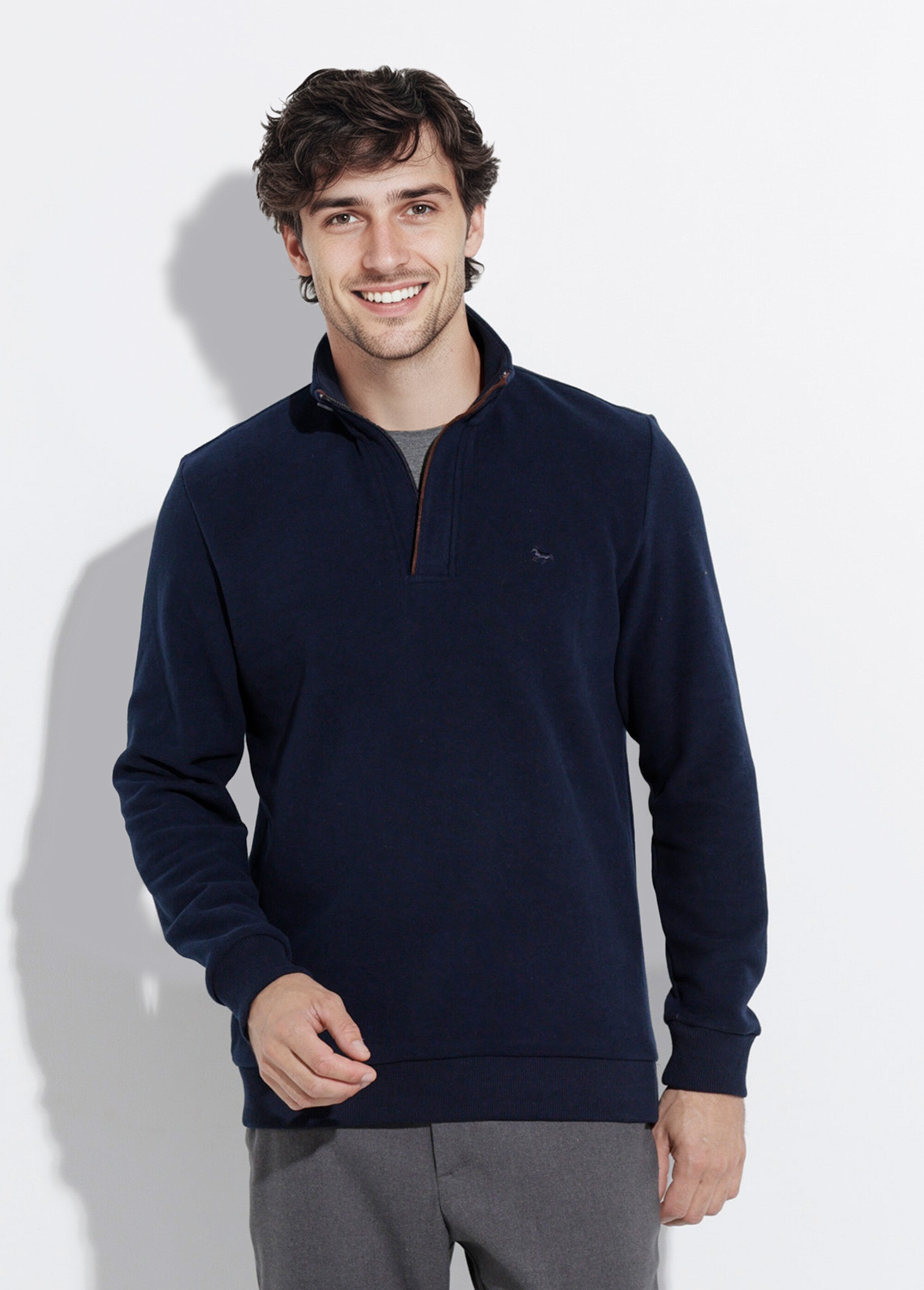 Pull épais jersey de coton, col zippé Homme Bleu STI22931 FA1