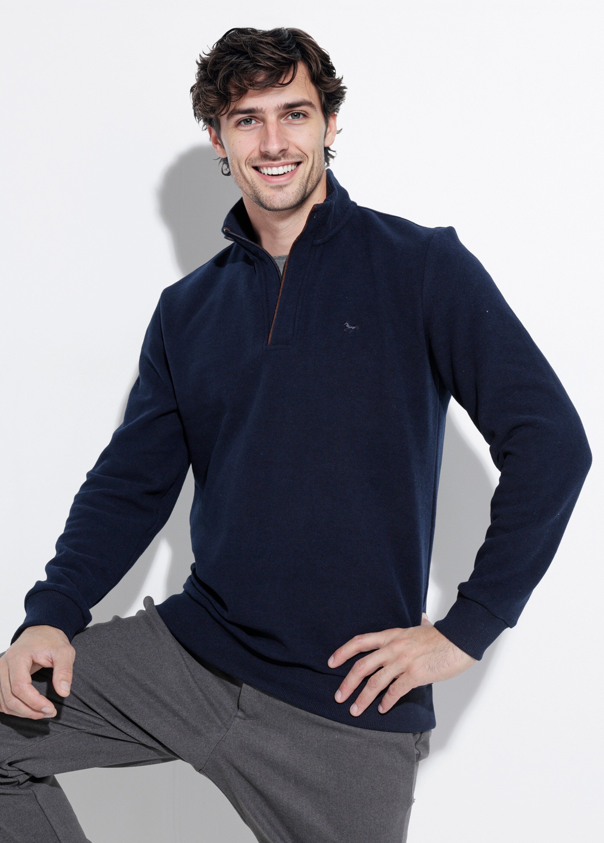 Pull épais jersey de coton, col zippé Homme Bleu STI22931 MV1