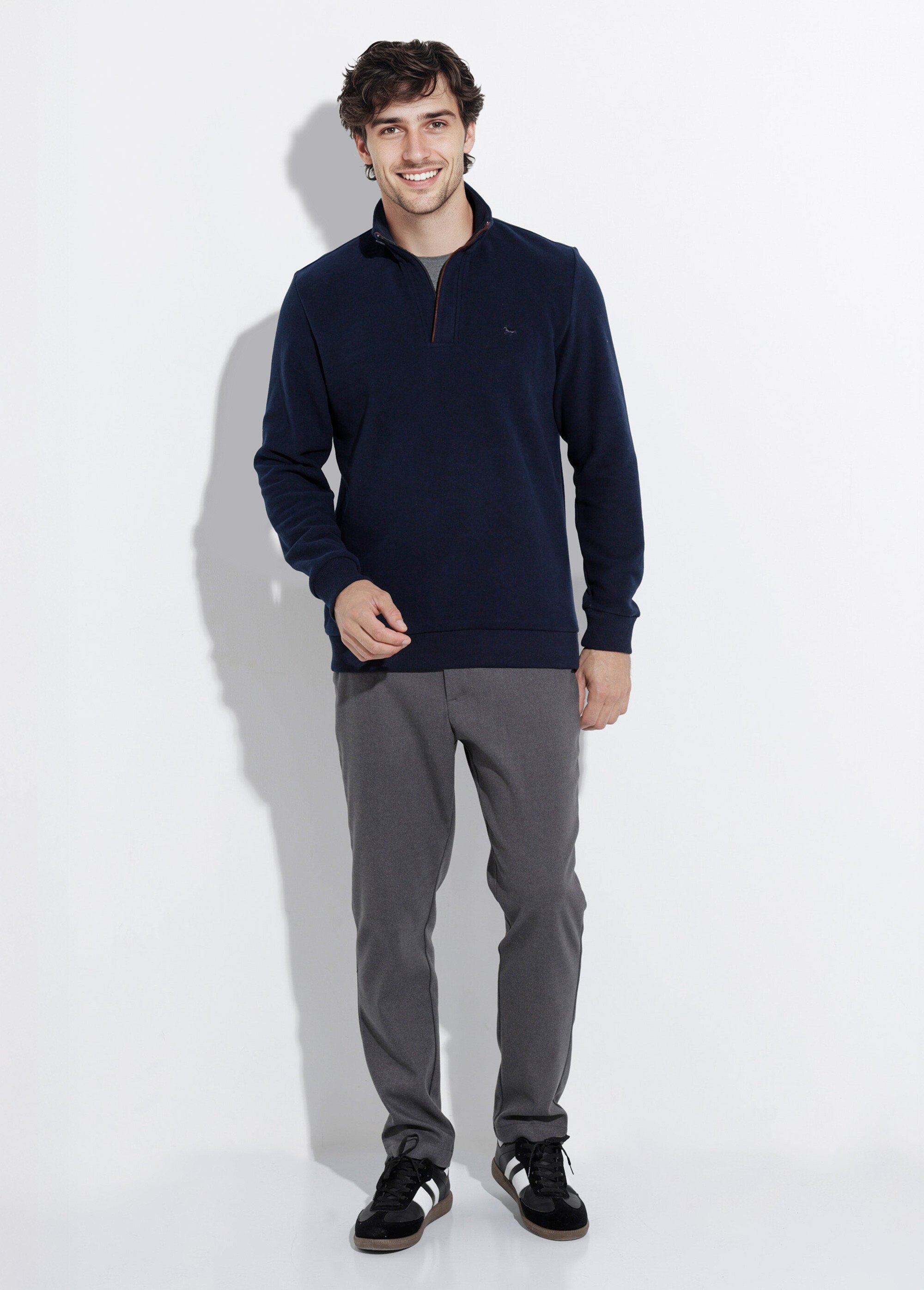Pull épais jersey de coton, col zippé Homme Bleu STI22931 SF1