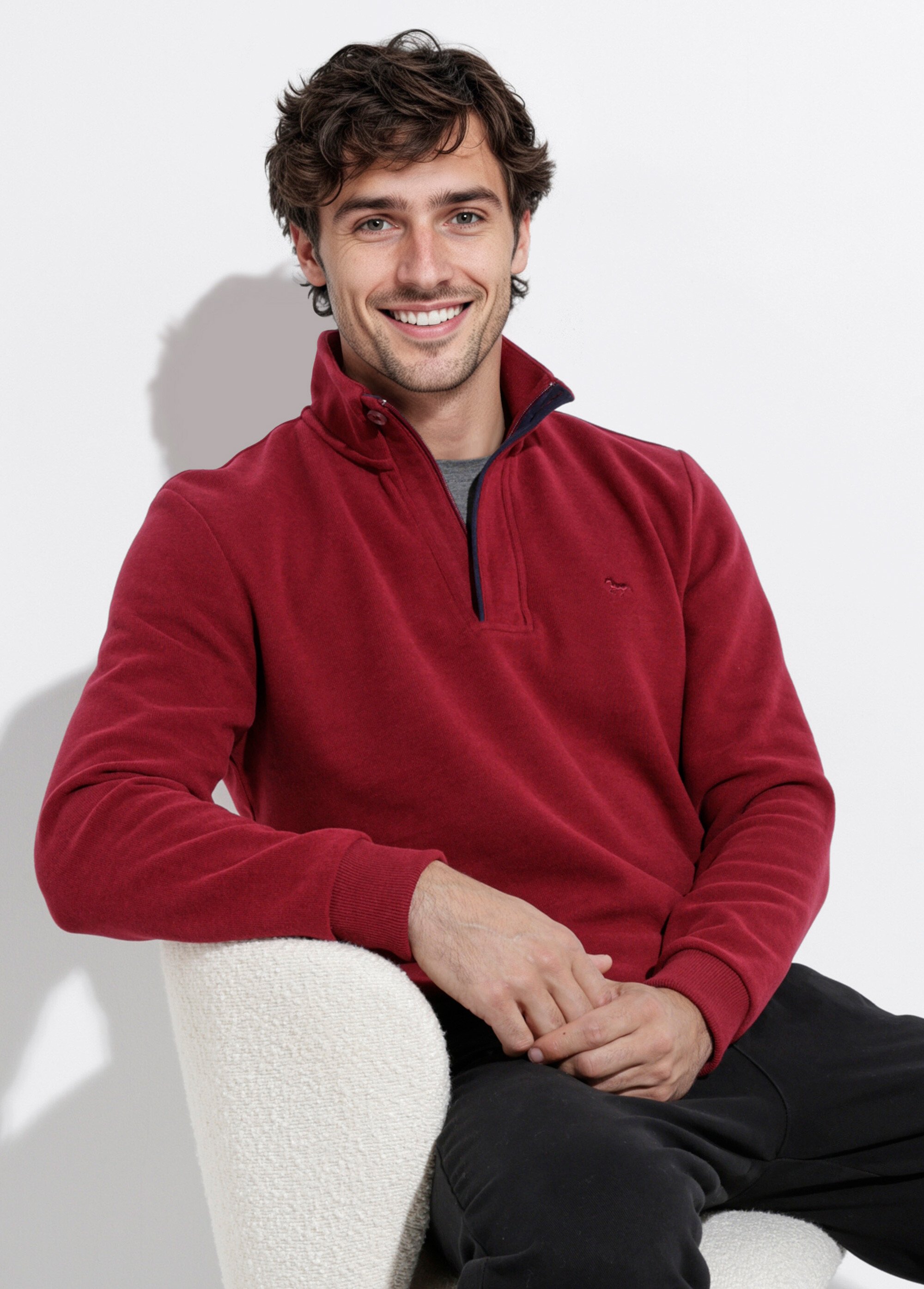 Pull épais jersey de coton, col zippé Homme Rouge STI22931 MV1