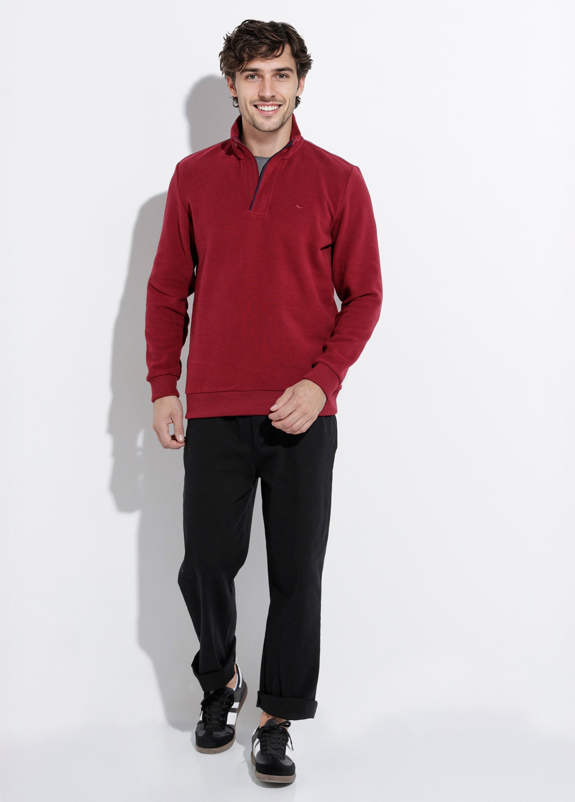 Pull épais jersey de coton, col zippé Homme Rouge STI22931 SF1