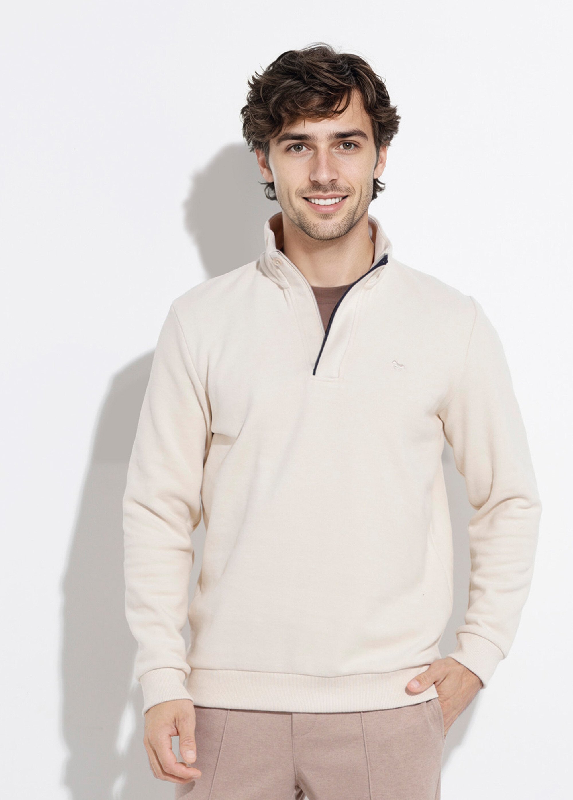 Pull épais jersey de coton, col zippé Homme Beige STI22931 FA1