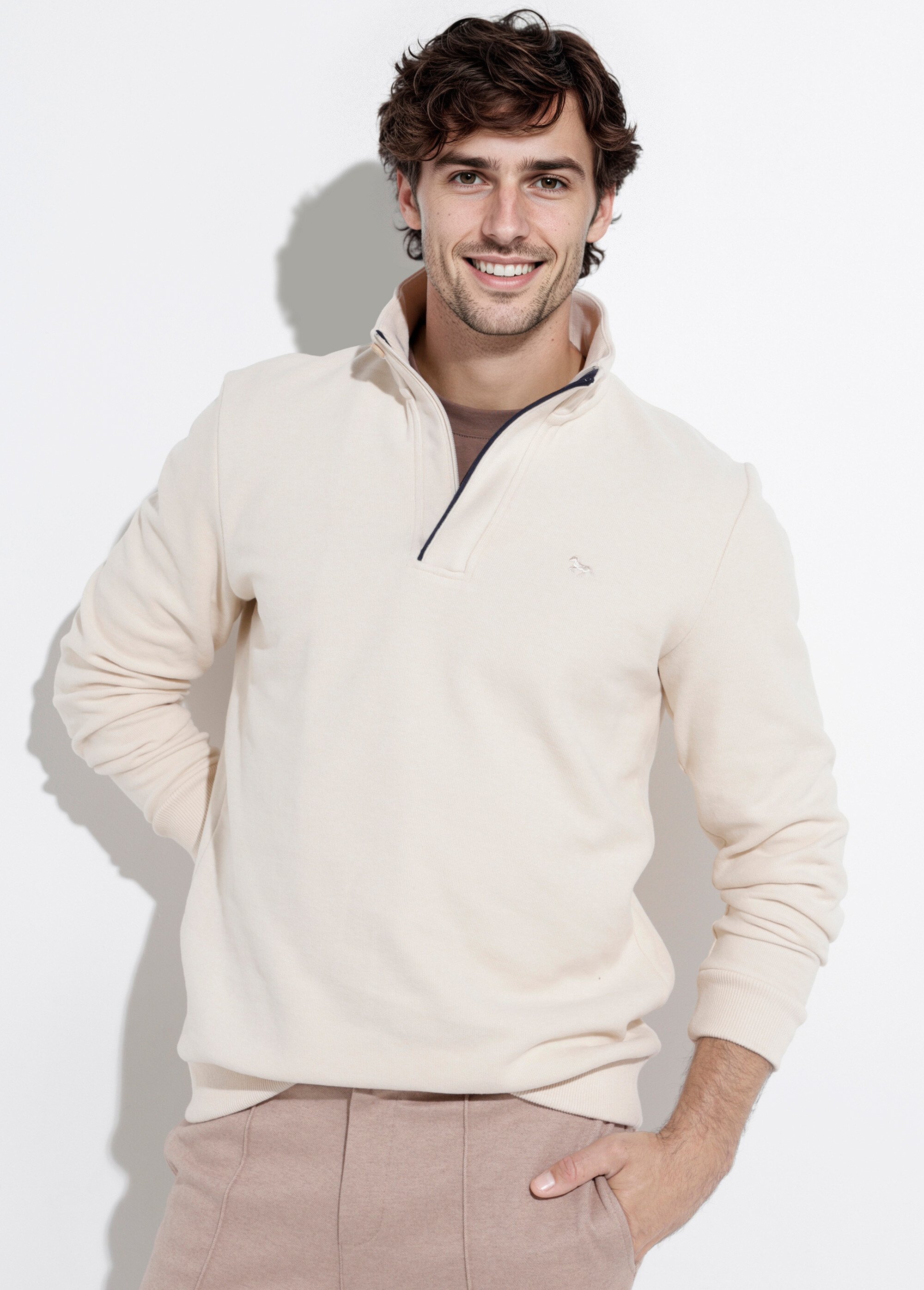 Pull épais jersey de coton, col zippé Homme Beige STI22931 MV1