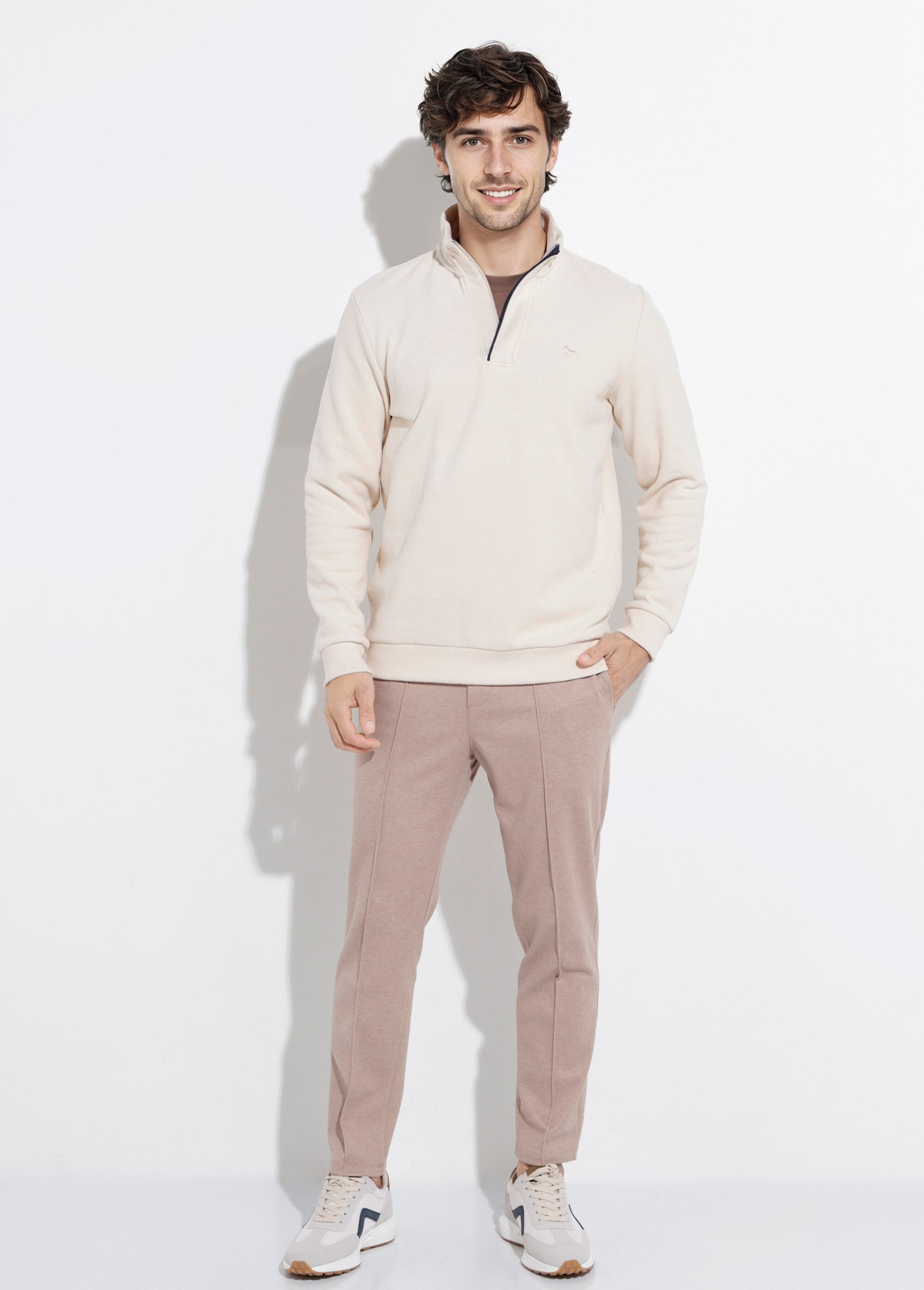 Pull épais jersey de coton, col zippé Homme Beige STI22931 SF1