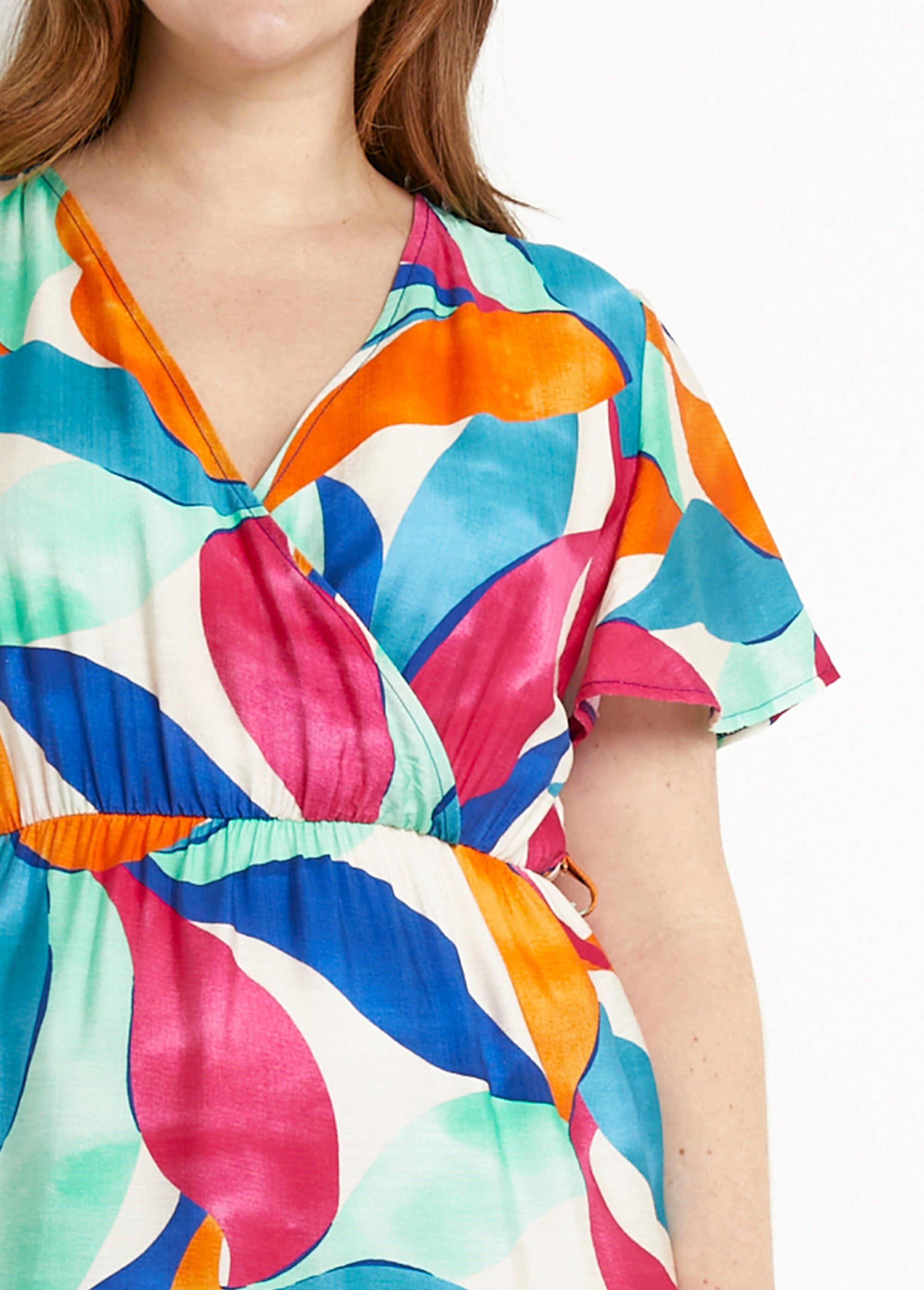 Robe longue cache-coeur volantée manches courtes