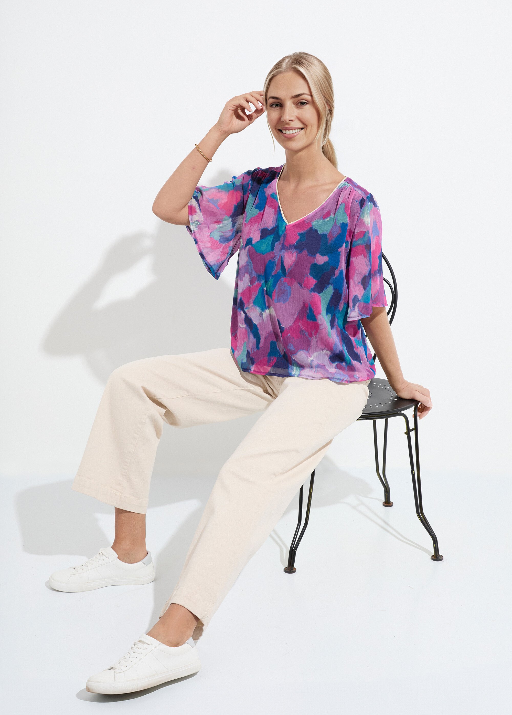 Tunique ample col V voile imprimé