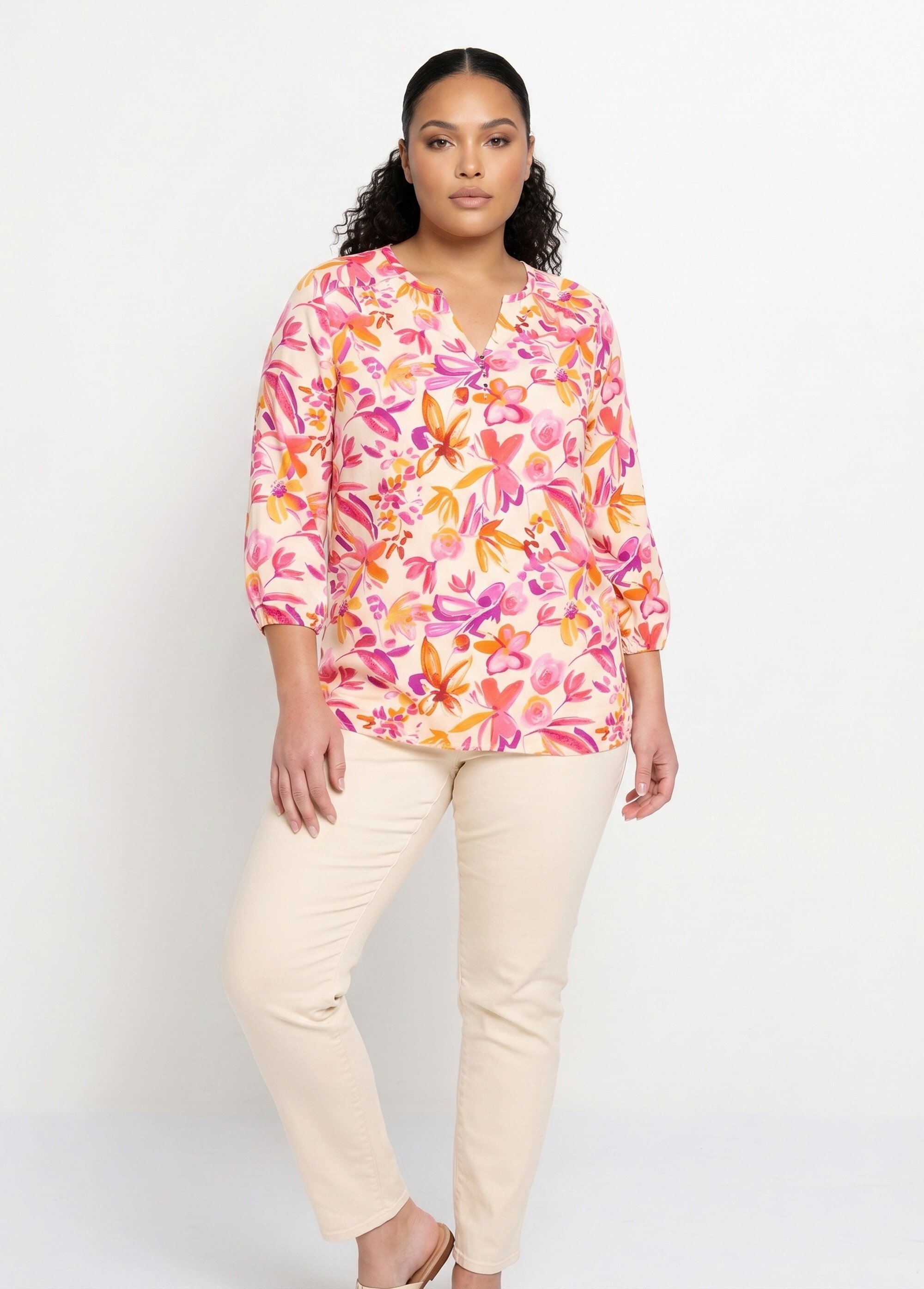 Tunique ample longue fleurie manches 3/4 Femme Grande Taille ORANGE ET ROSE CORFOU SI1