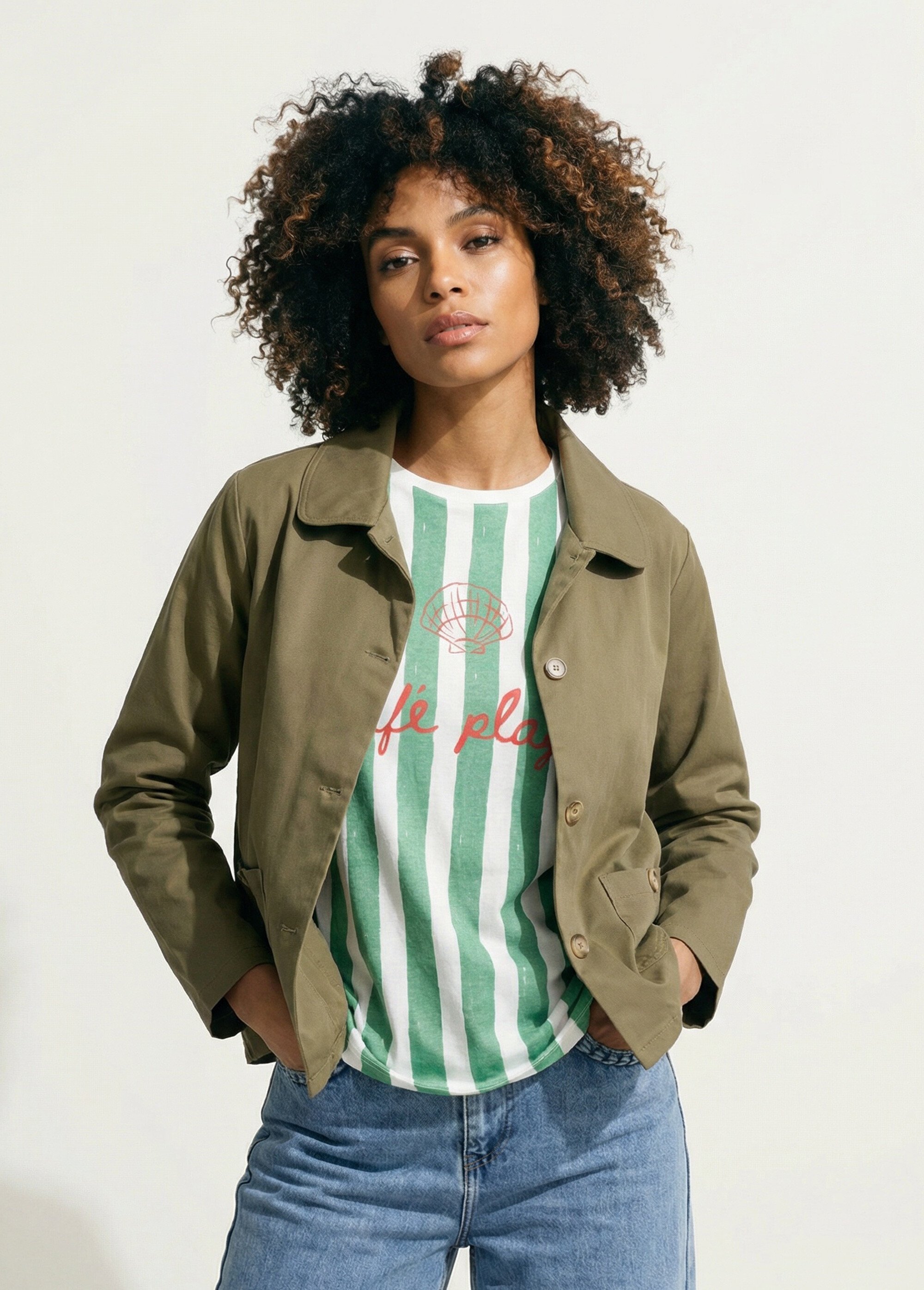 Veste boite en coton, avec col claudine Femme Vert IA-R6105 FA1