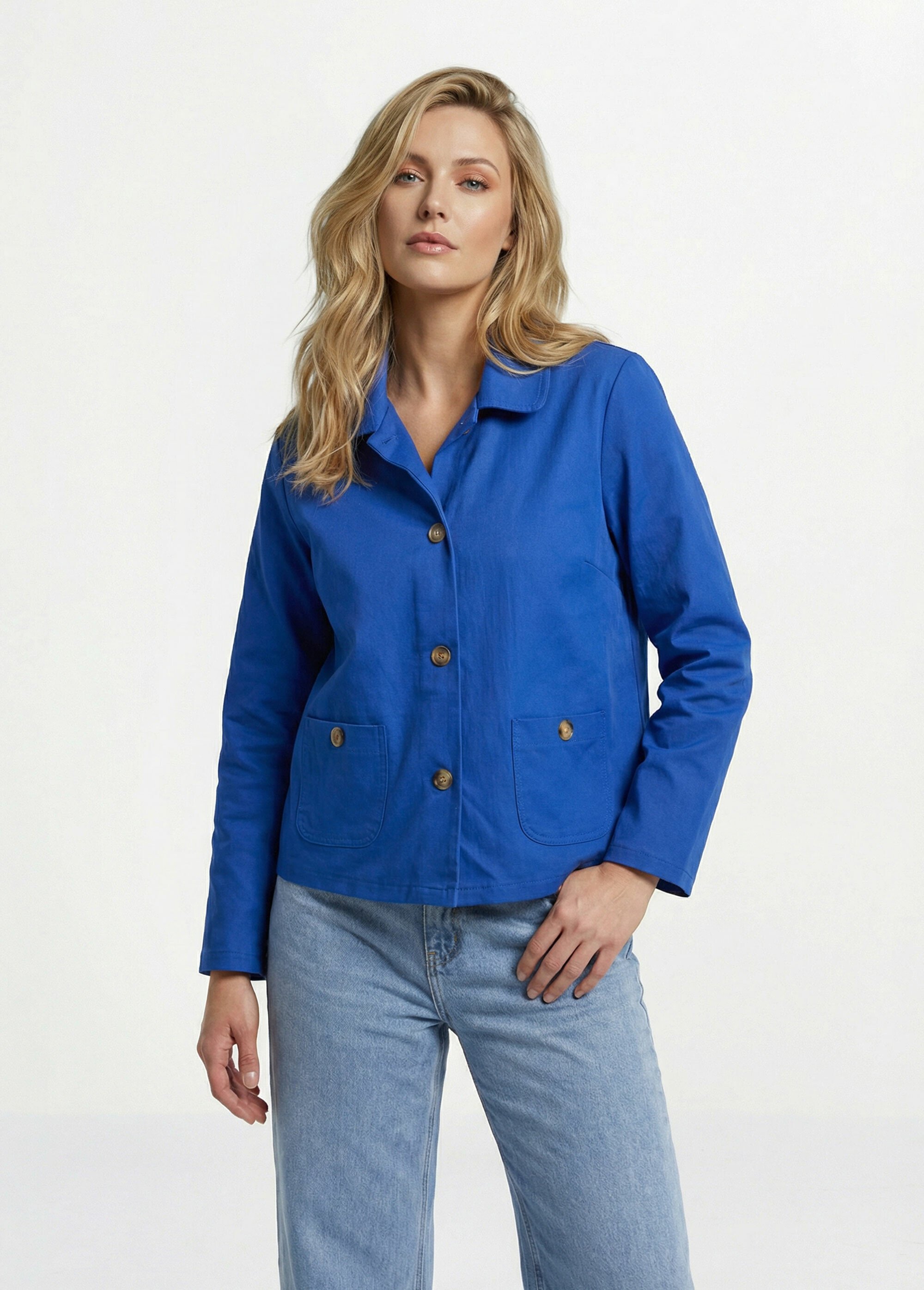 Veste boite en coton, avec col claudine Femme Bleu IA-R6105 FA1