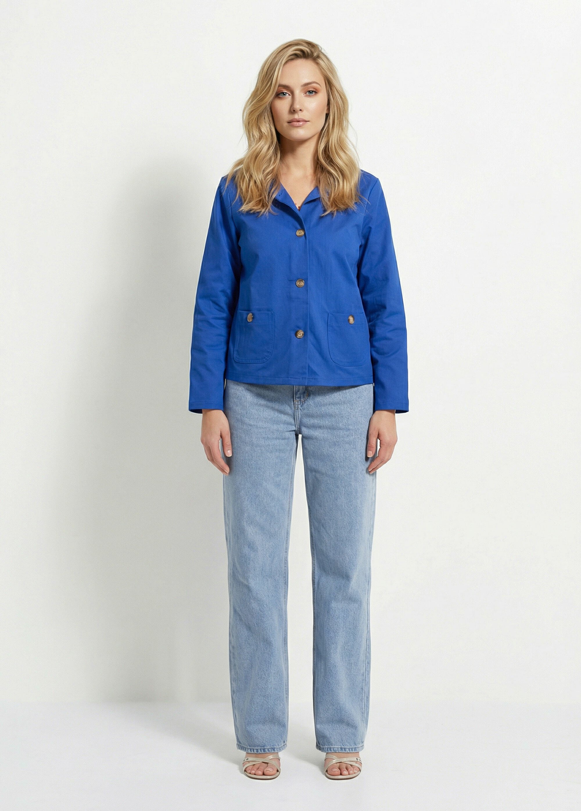Veste boite en coton, avec col claudine Femme Bleu IA-R6105 SF1