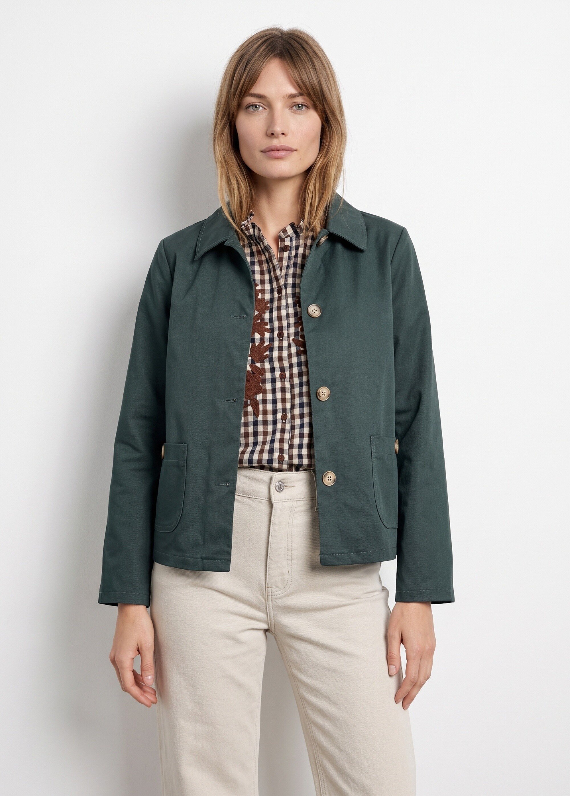 Veste boite en coton, avec col claudine Femme VERT FONCE IA-R6105 FA1