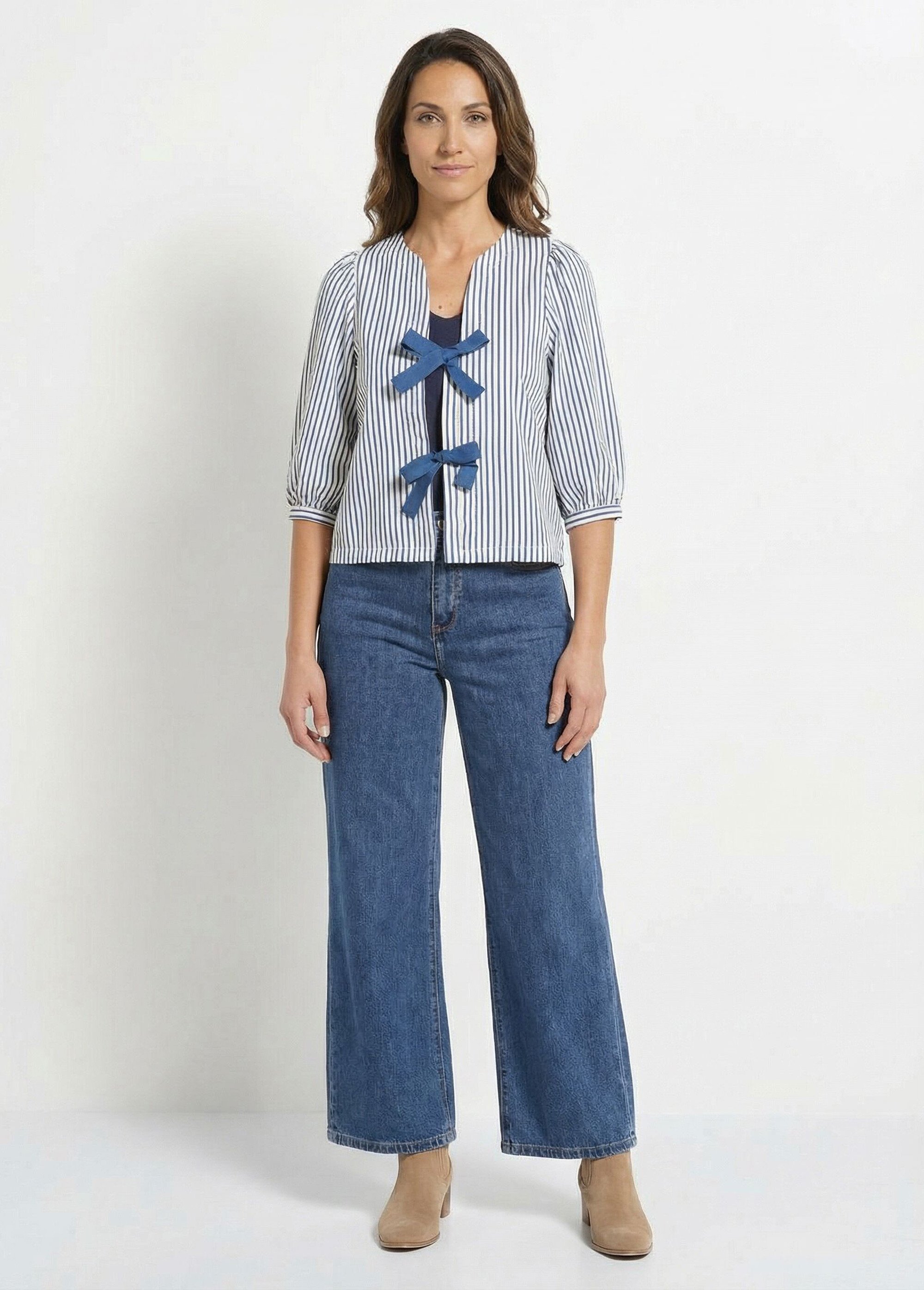 Blouse manches 3/4 avec noeuds fantaisie Femme Bleu IA-Q3266 SF1