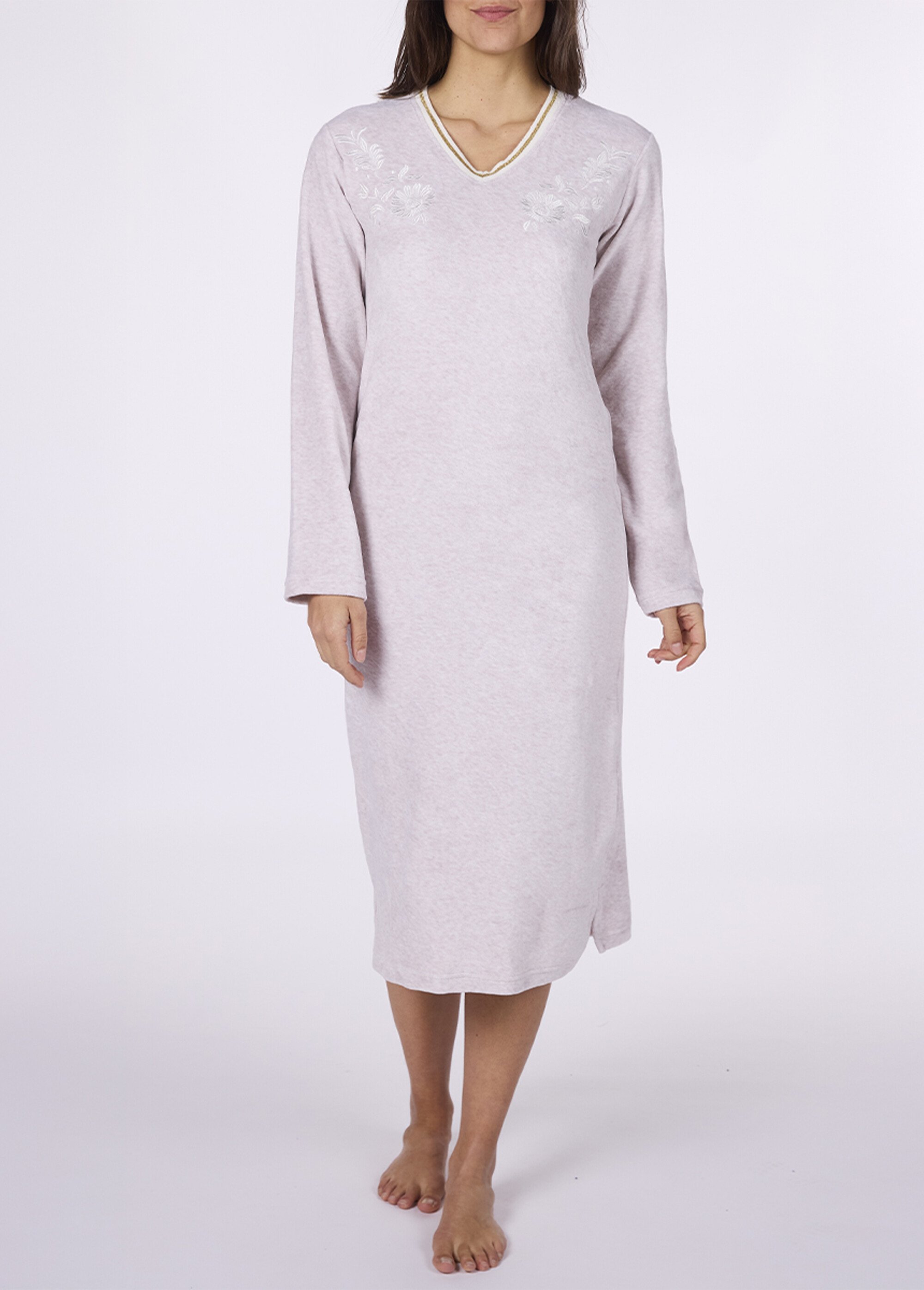 Chemise de nuit longue en velours chaud Femme Beige CTMBE.EME.LMLGT FA1