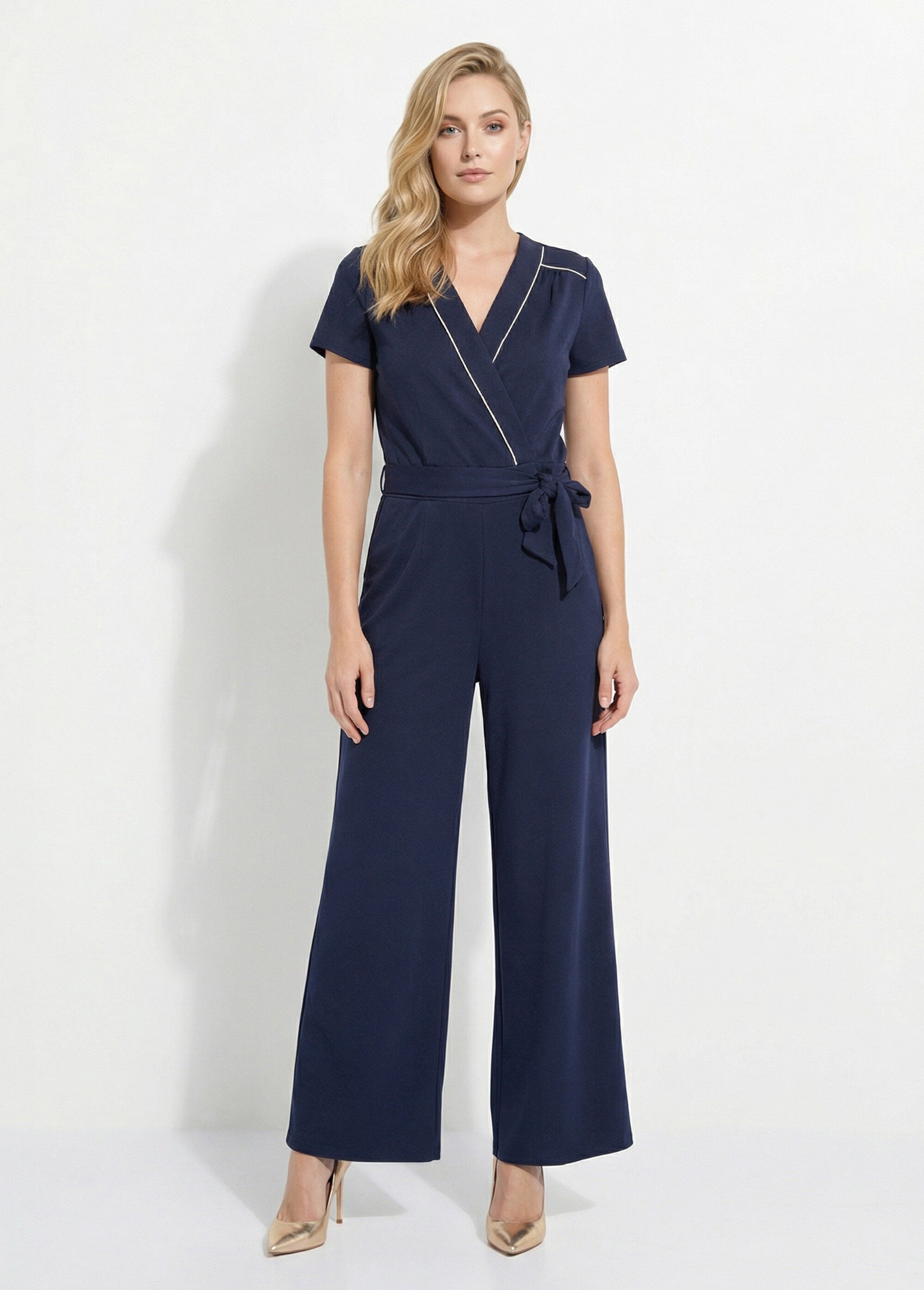 Combinaison ceinture col V détails dorés Femme Bleu EGE-PASSION FA1