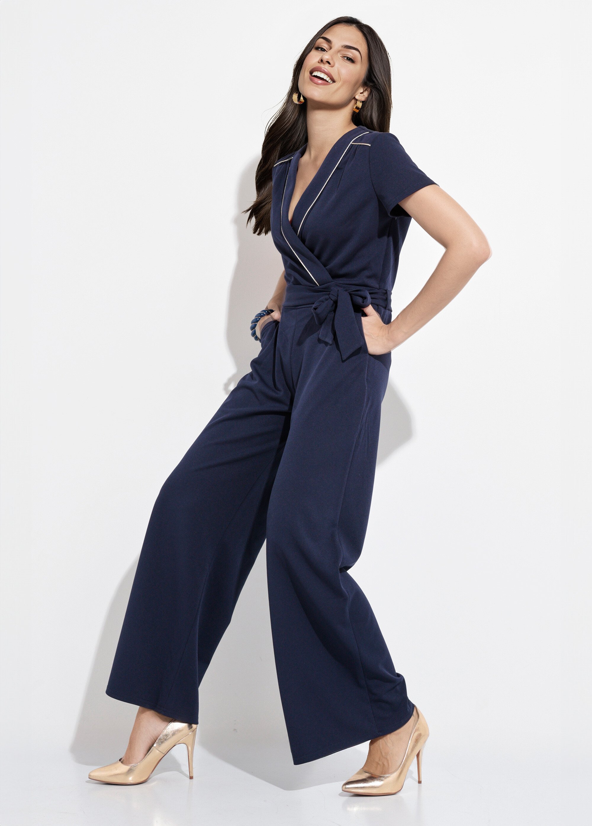 Combinaison ceinture col V détails dorés Femme Bleu EGE-PASSION MV1