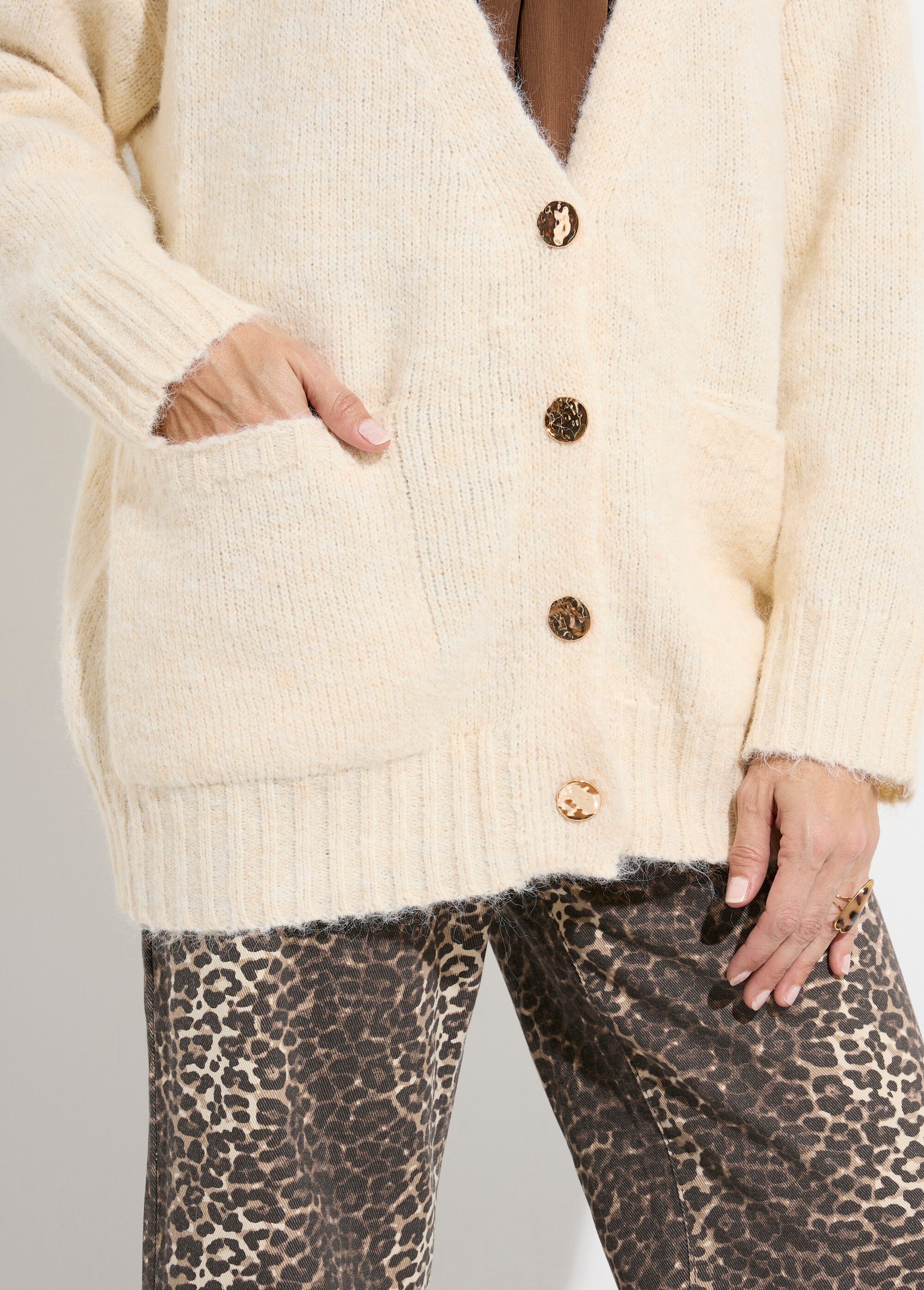 Gilet long chaud avec laine et boutons métal Femme Beige JS-JP-7985 DE1