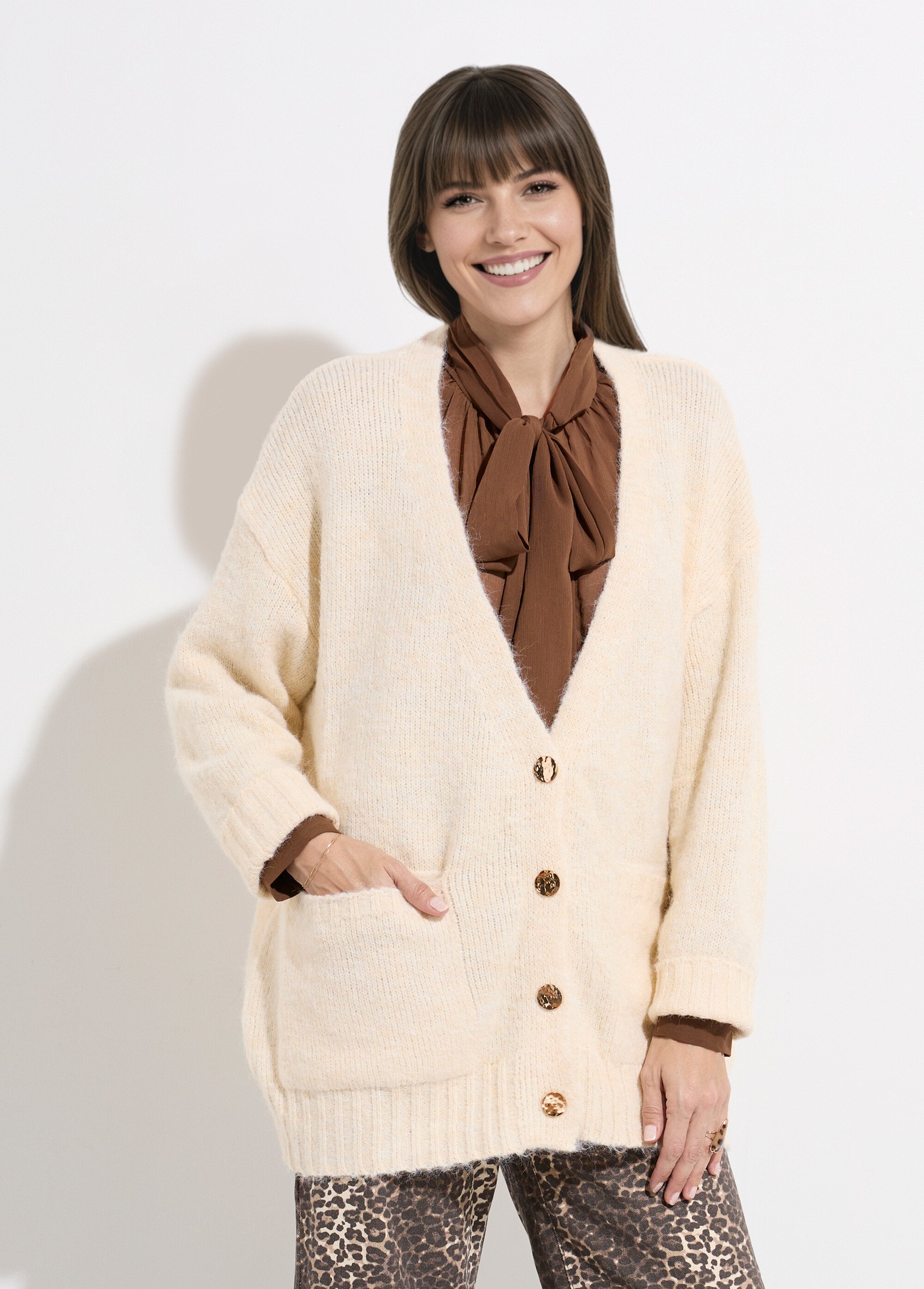 Gilet long chaud avec laine et boutons métal Femme Beige JS-JP-7985 FA1