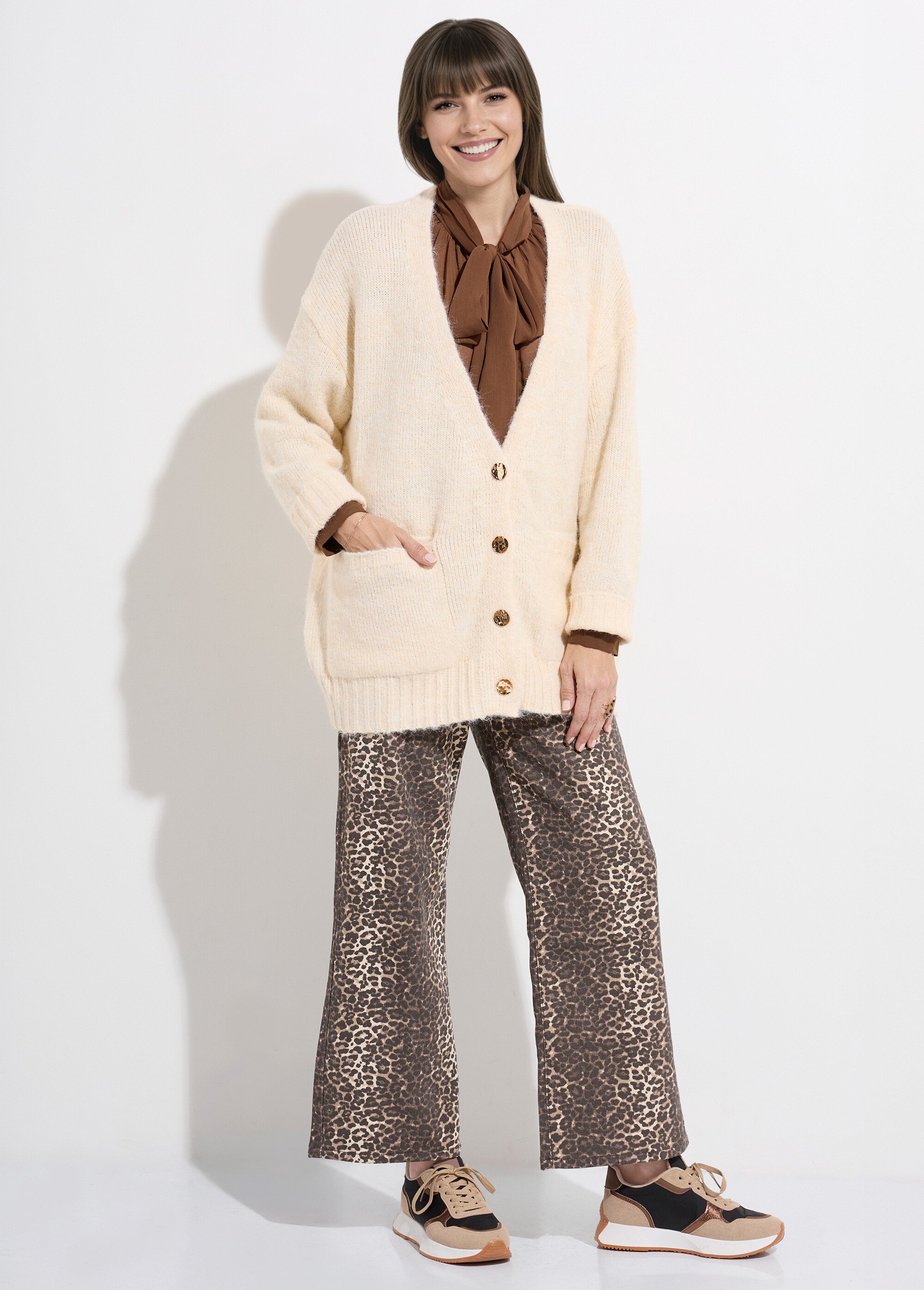 Gilet long chaud avec laine et boutons métal Femme Beige JS-JP-7985 SF1