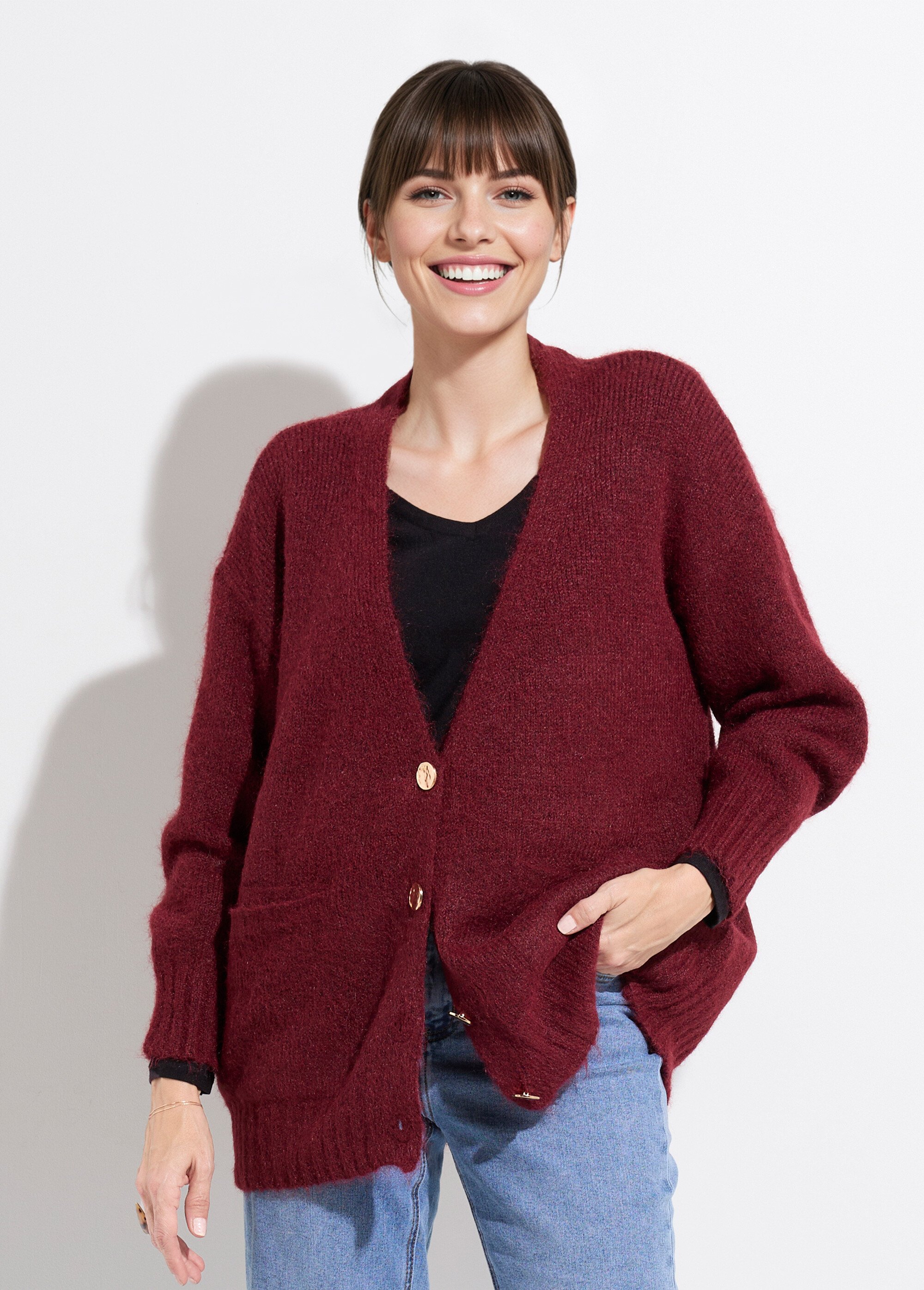 Gilet long chaud avec laine et boutons métal Femme Rouge JS-JP-7985 FA1
