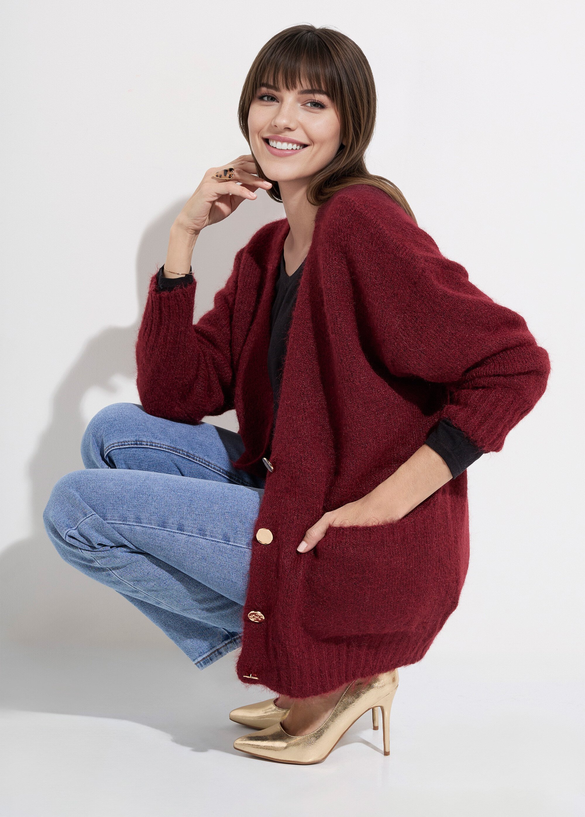 Gilet long chaud avec laine et boutons métal Femme Rouge JS-JP-7985 MV1