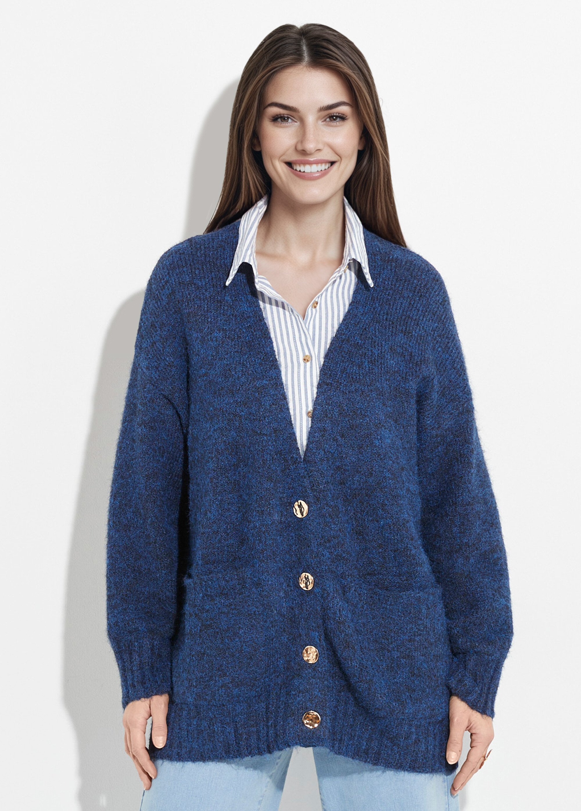 Gilet long chaud avec laine et boutons métal Femme Bleu JS-JP-7985 FA1