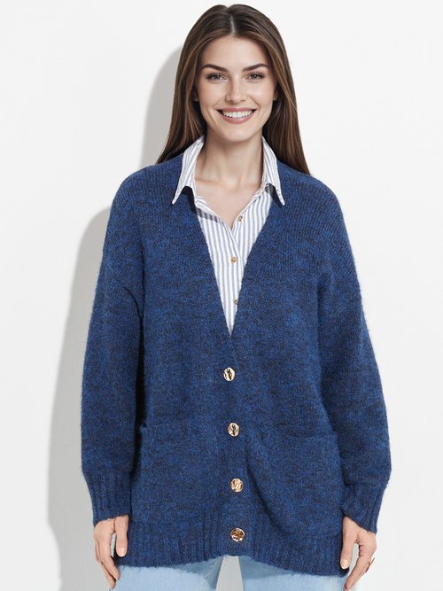 Gilet long chaud avec laine et boutons métal Femme Bleu JS-JP-7985 FA1